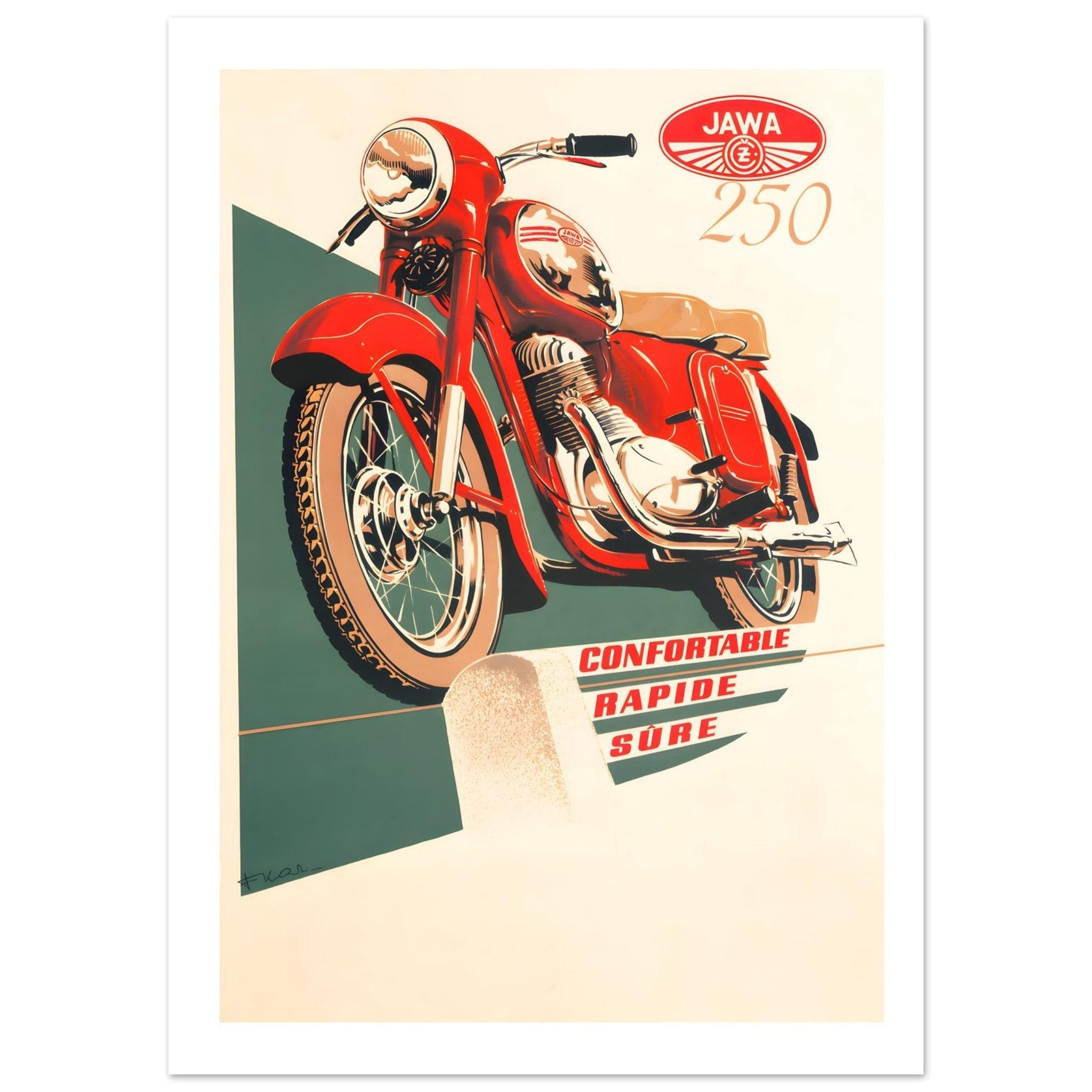 Vintage Jawa 250 motorcycle poster featuring a red bike with the text 'Confortable, Rapide, Sûre' on a stylish background.
