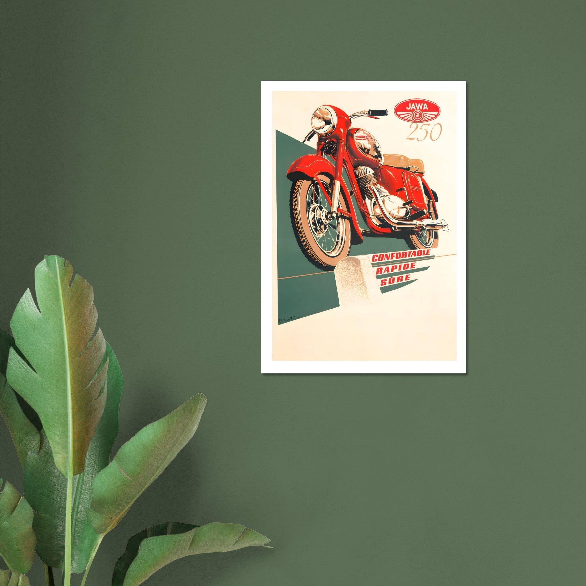 Vintage Jawa 250 motorcycle poster showcasing a dynamic red motorcycle on a stylized background.