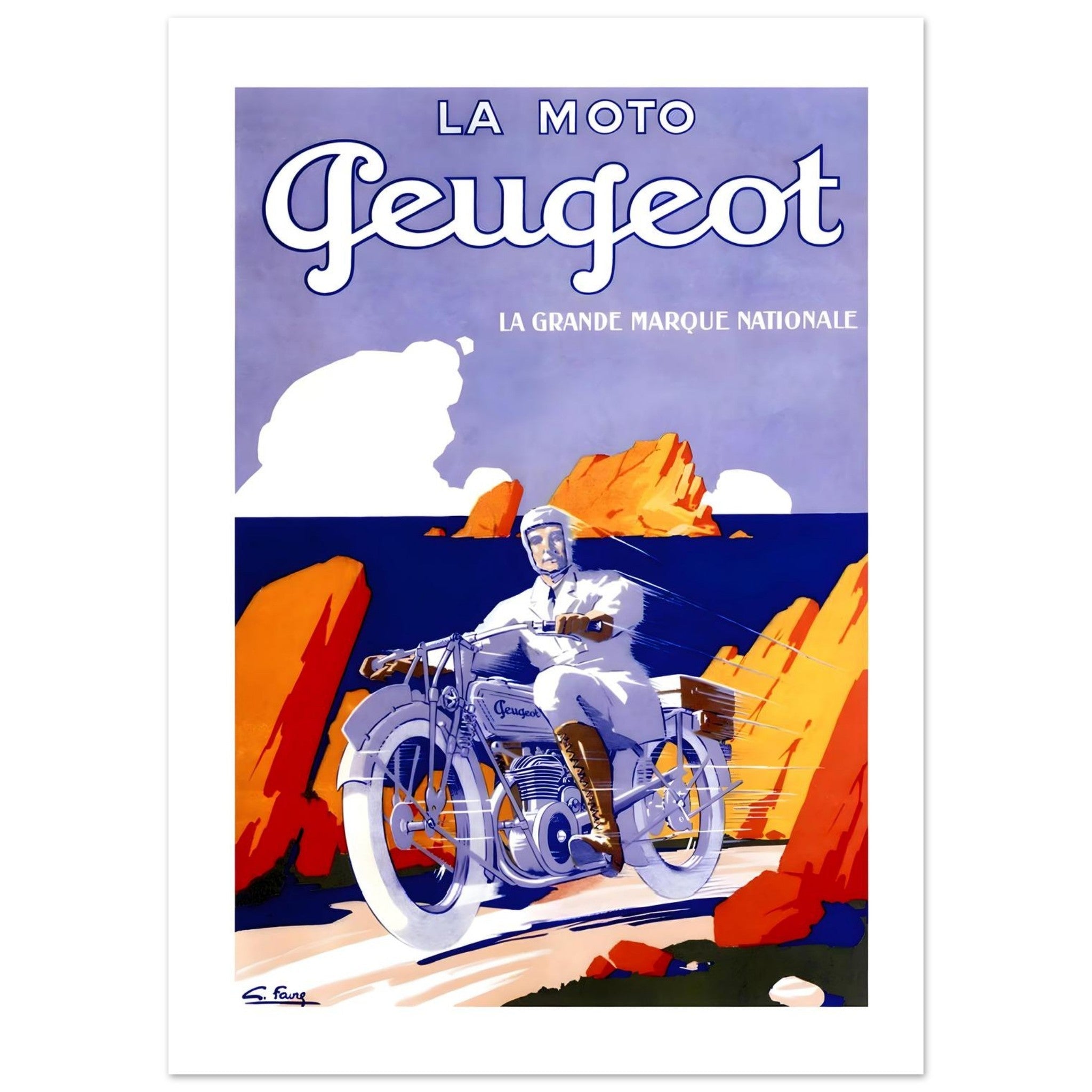 Vintage Peugeot motorcycle poster featuring a rider on a coastal road with vibrant colors and elegant design.