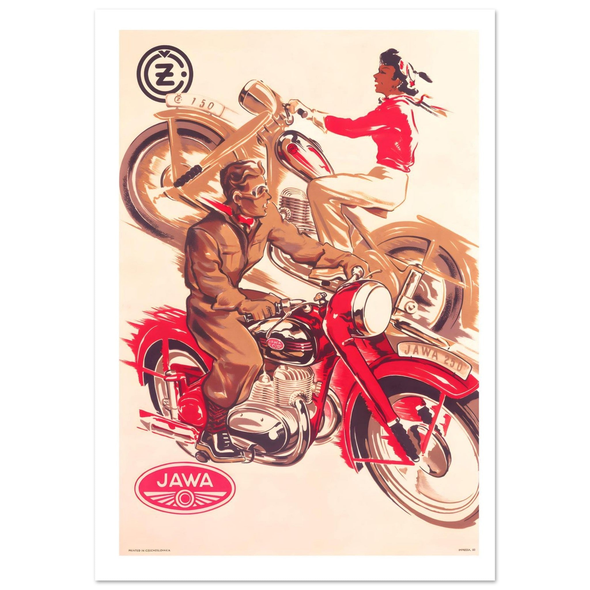 Vintage Mid - Century Jawa and ČZ Czechoslovakian Motorcycle Advertisement - Transit Art