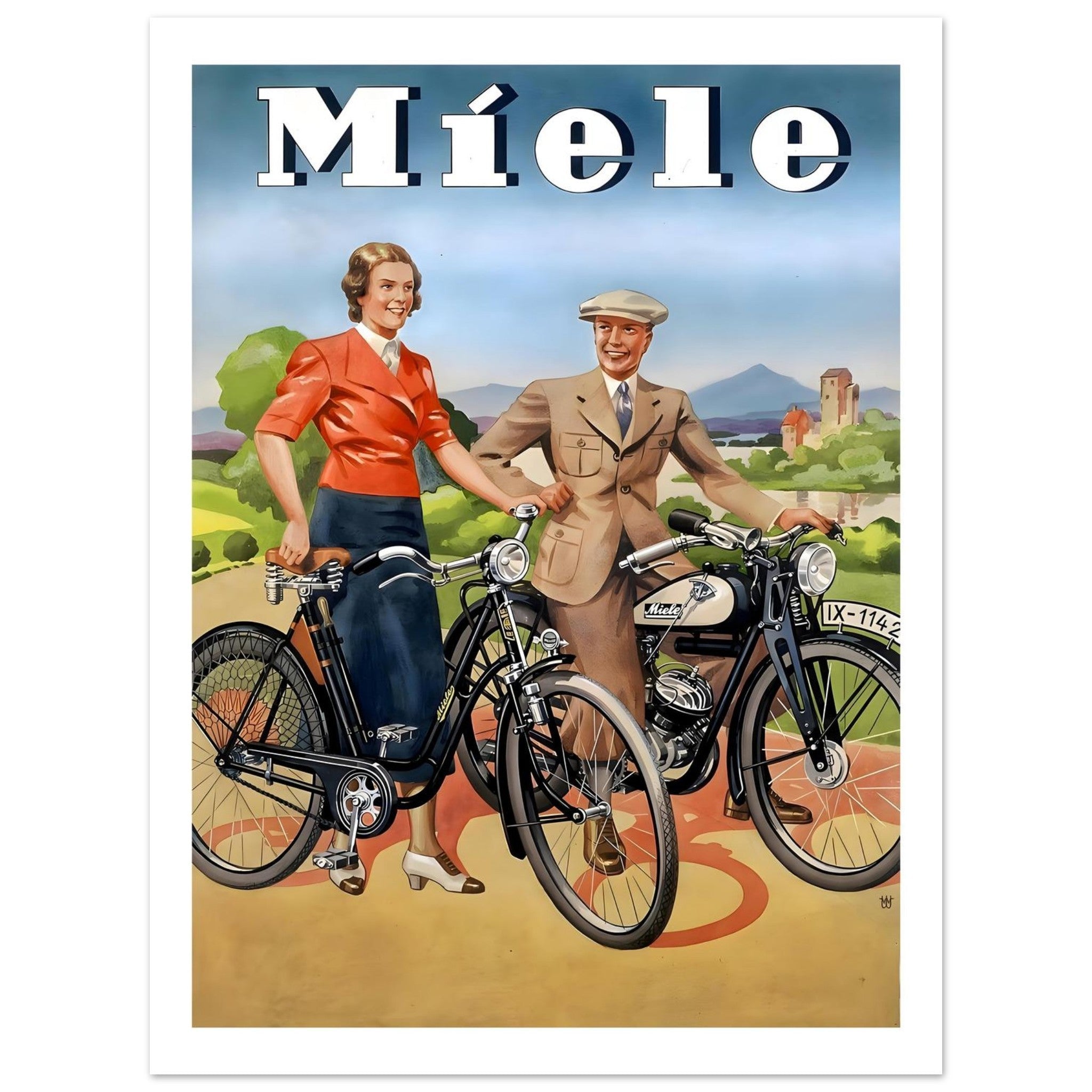 Vintage Miele Poster Featuring Classic Bicycle and Motorcycle - Transit Art