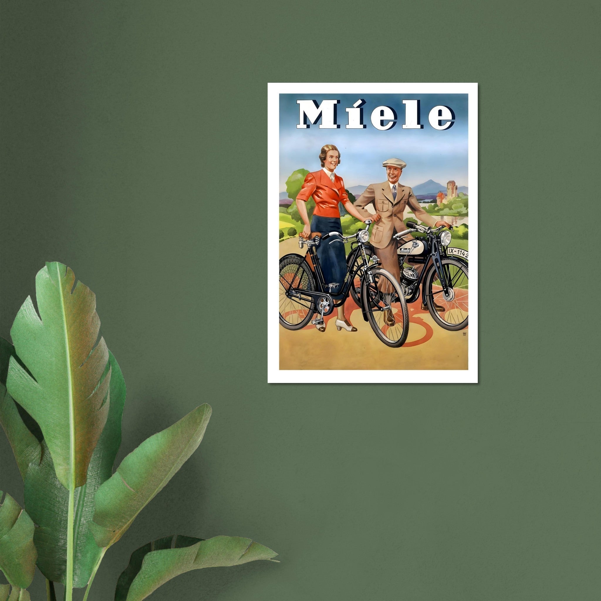 Vintage Miele Poster Featuring Classic Bicycle and Motorcycle - Transit Art