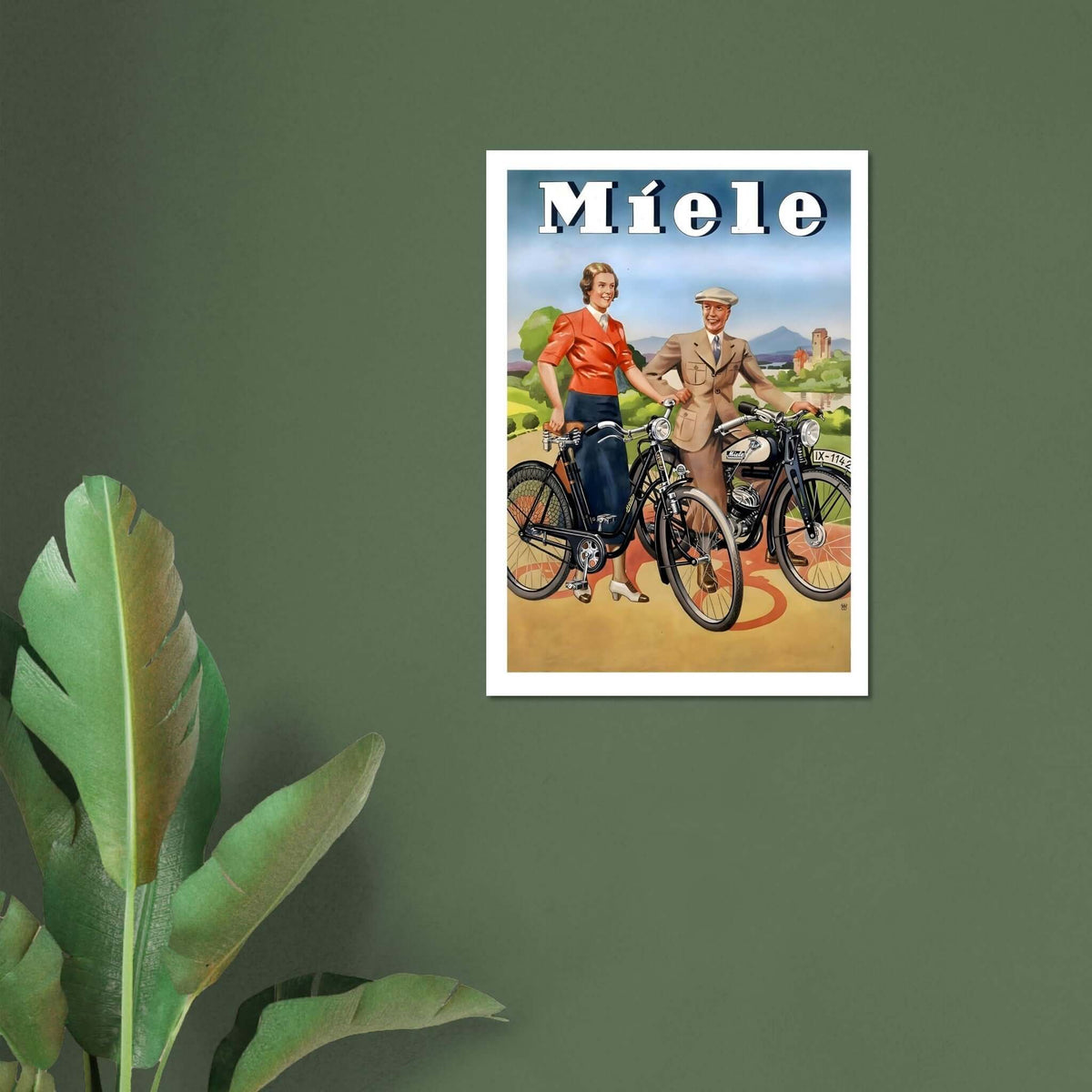 Vintage Miele Poster Featuring Classic Bicycle and Motorcycle - Transit Art