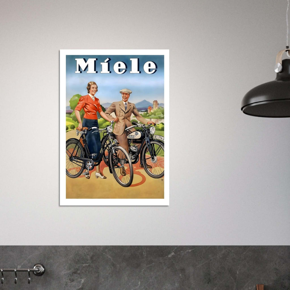 Vintage Miele Poster Featuring Classic Bicycle and Motorcycle - Transit Art