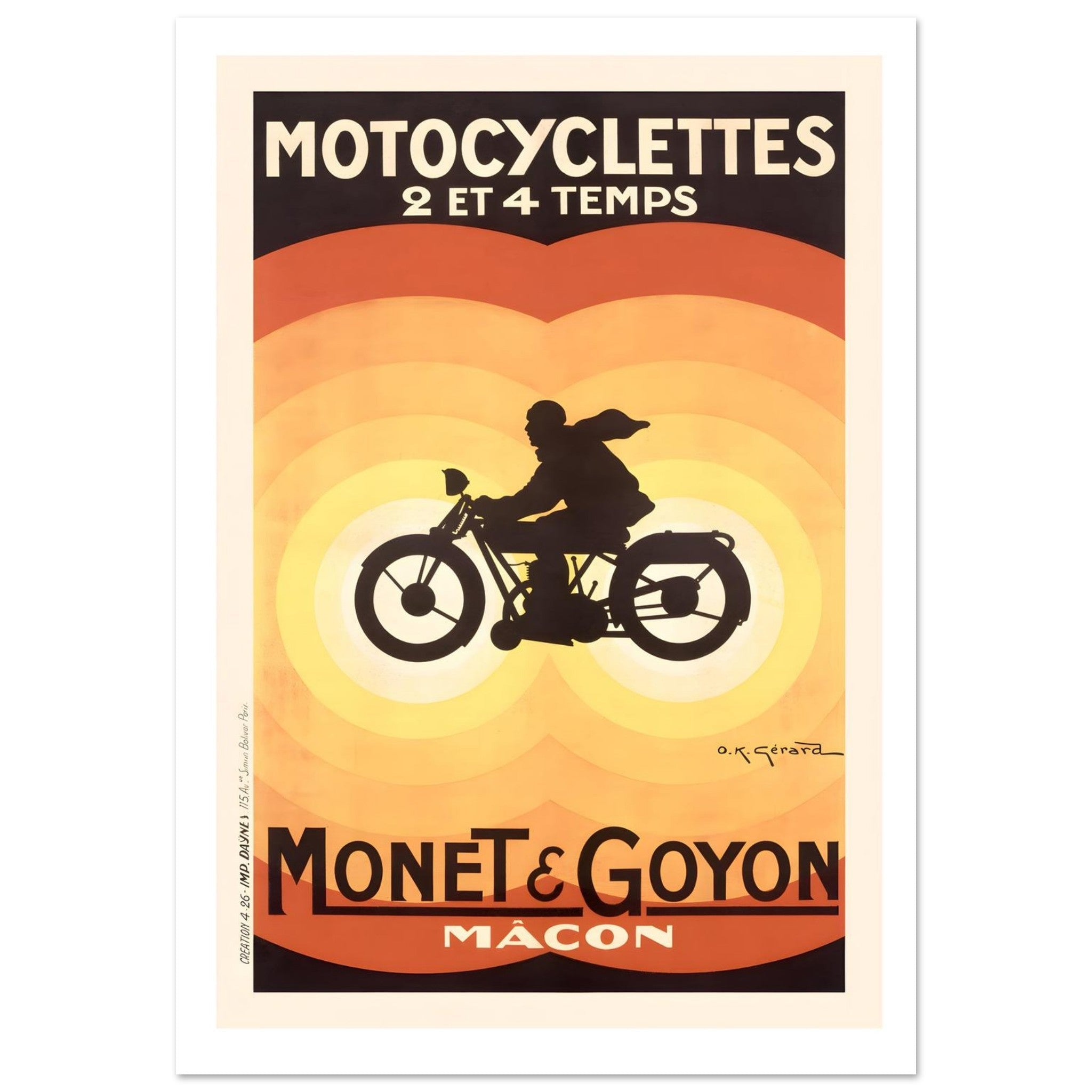 Vintage motorcycle advertising poster featuring silhouette of a rider on a Monet & Goyon motorcycle against colorful backdrop.