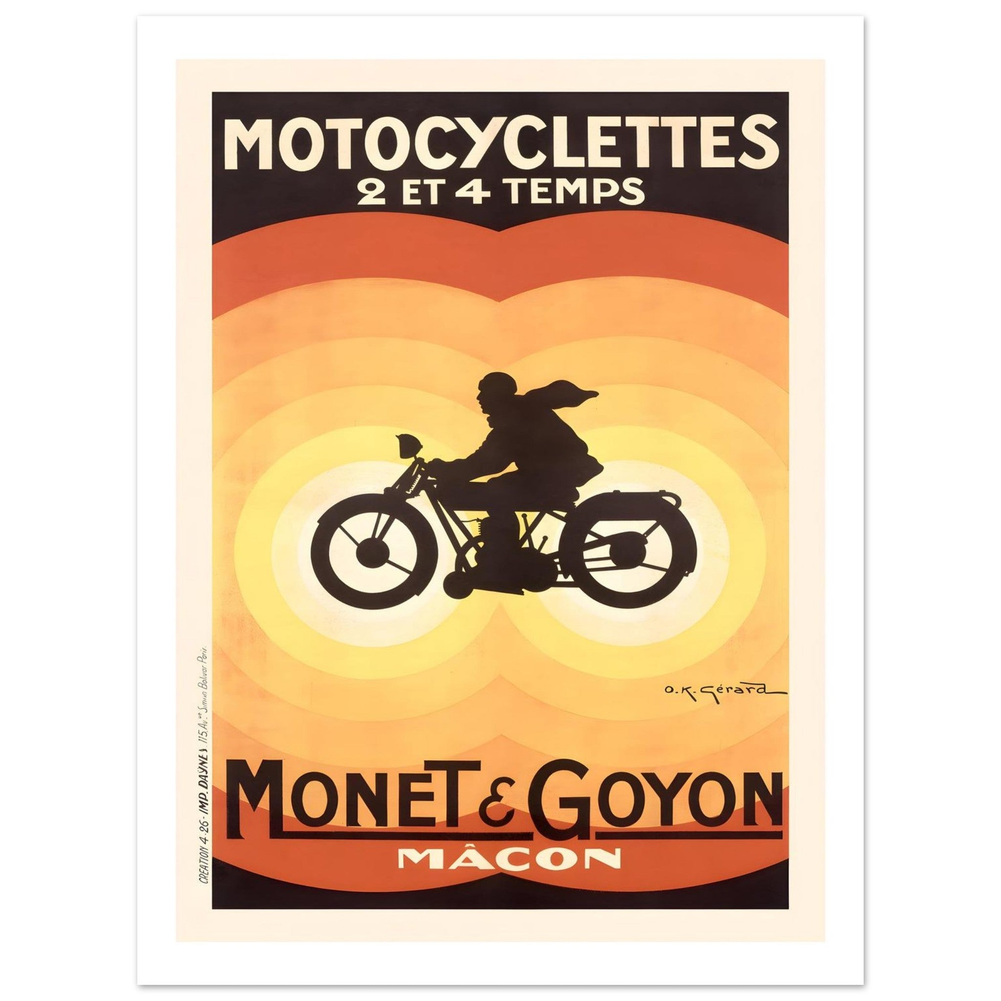 Vintage motorcycle advertising poster featuring a striking silhouette of a rider with a scarf against vibrant concentric circles.