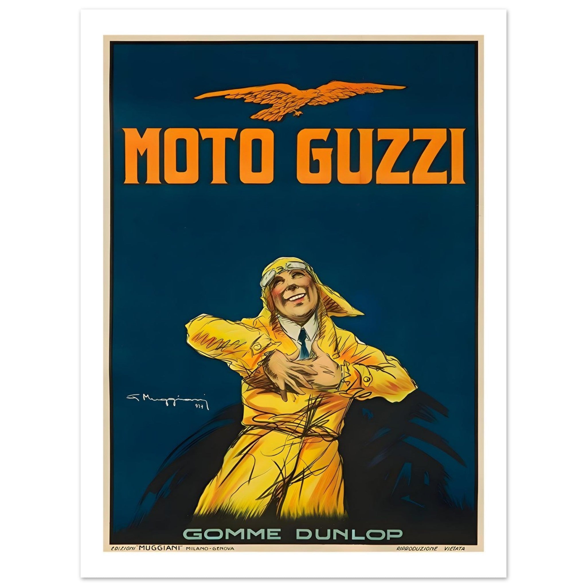 Vintage Moto Guzzi Poster With Joyful Yellow Rider - Transit Art