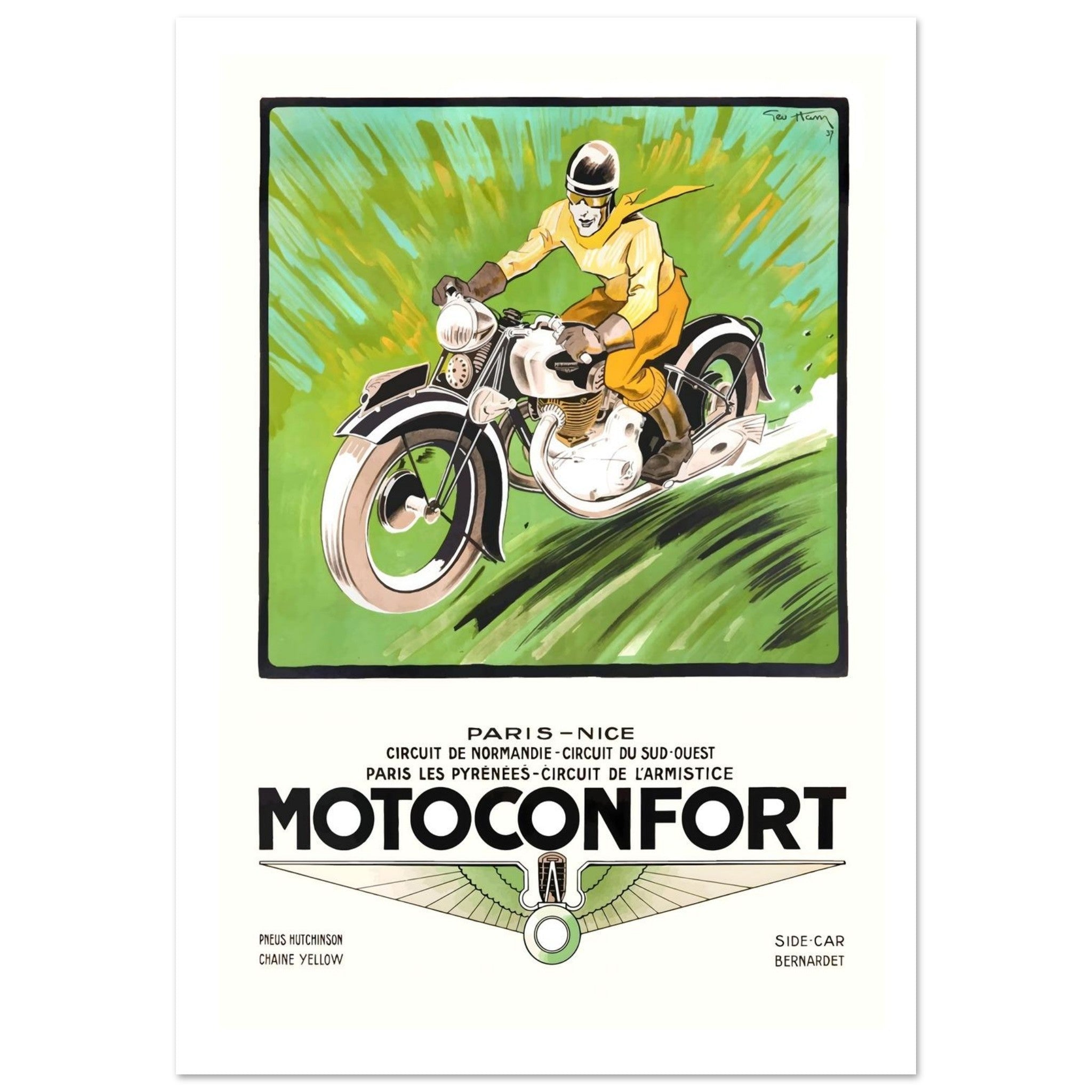 Vintage Motoconfort Racing Poster Illustrating 1937 Speed Victories - Transit Art