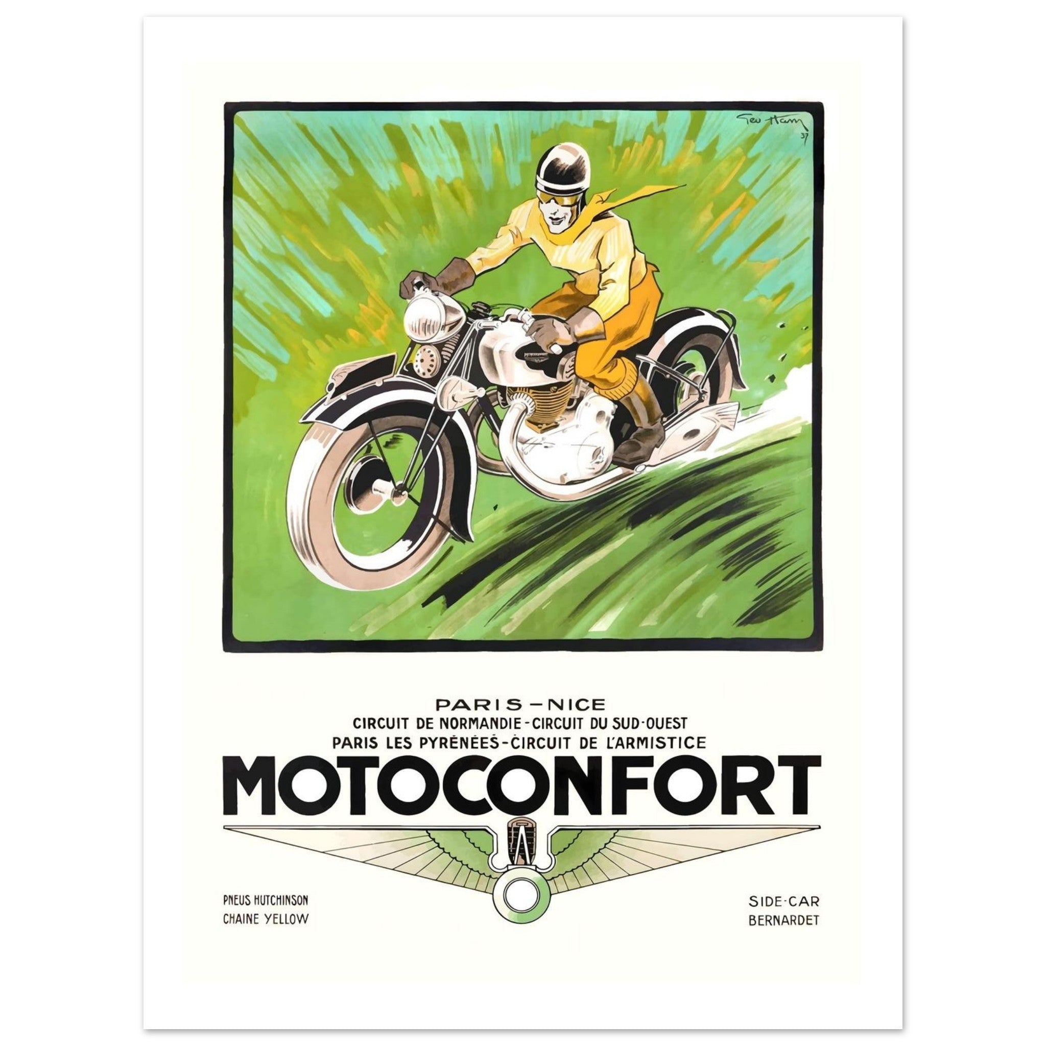 Vintage Motoconfort Racing Poster Illustrating 1937 Speed Victories - Transit Art