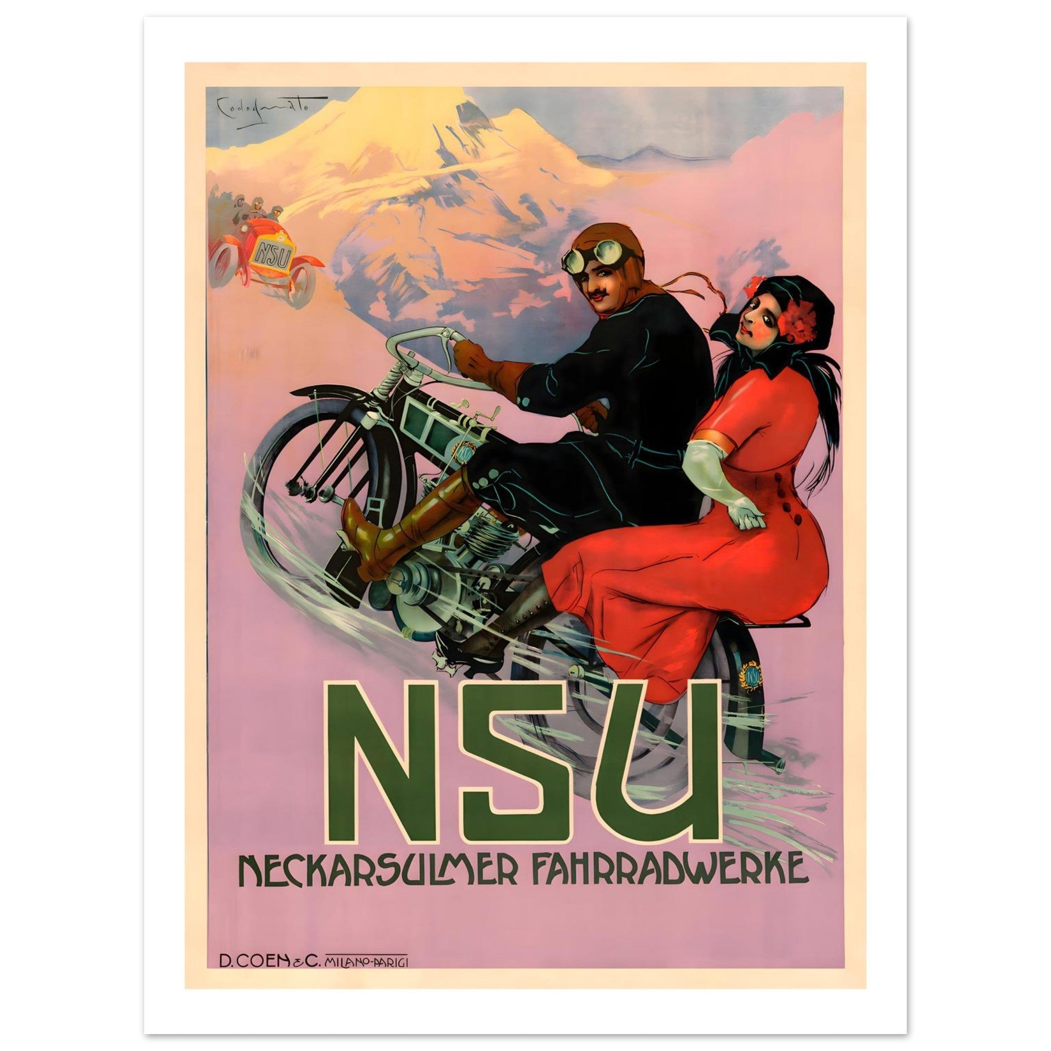 Vintage NSU Neckarsulmer Fahrradwerke Alpine Motorcycle Touring Poster - Transit Art