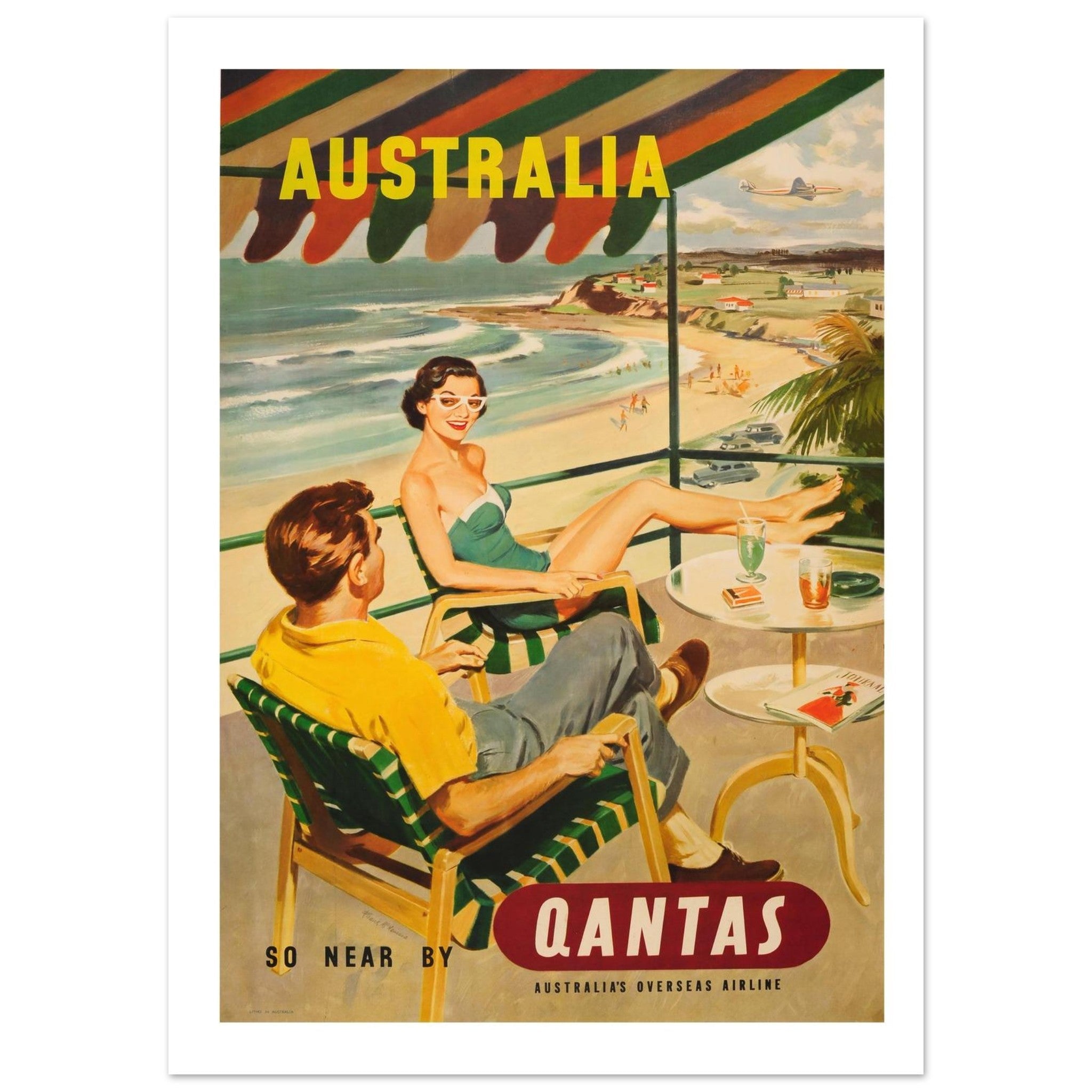 Vintage Qantas Poster Depicting A Leisurely Australian Holiday - Transit Art
