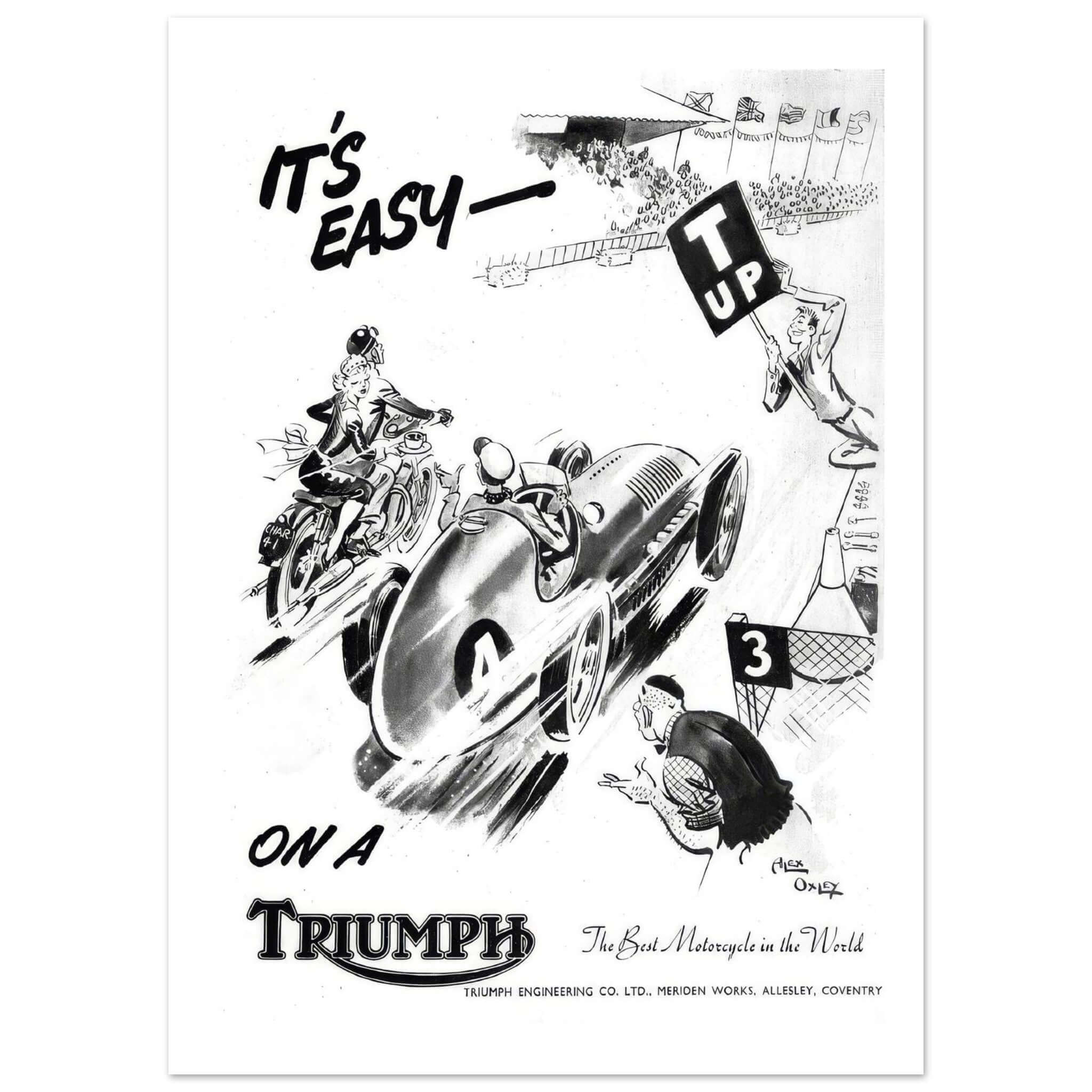 Embrace vintage charm in style Dive into the world of retro with our Vintage Triumph Engineering Racing Cartoon Promotional Poster. This unique piece features vibrant colors and whimsical art, reflecting the excitement of classic motorcycle racing. Whethe