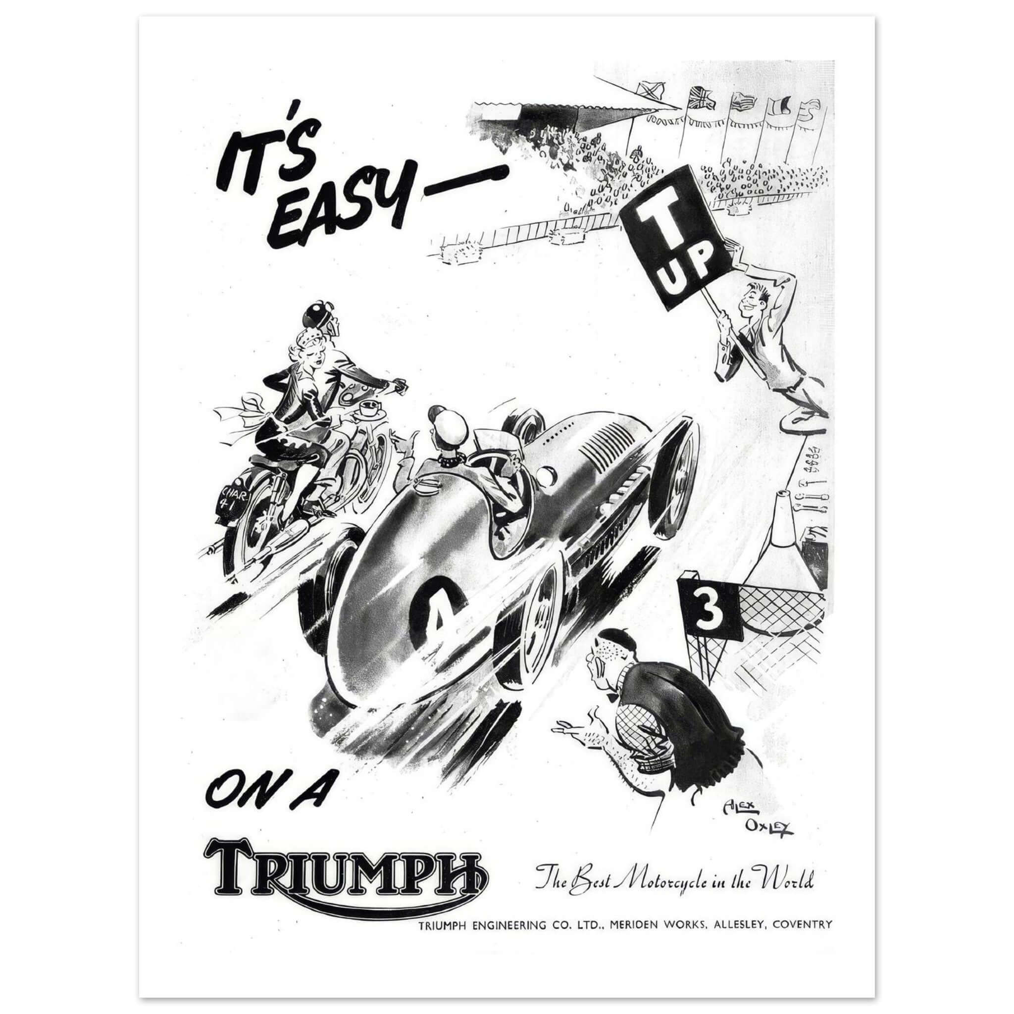 Embrace vintage charm in style Dive into the world of retro with our Vintage Triumph Engineering Racing Cartoon Promotional Poster. This unique piece features vibrant colors and whimsical art, reflecting the excitement of classic motorcycle racing. Whethe