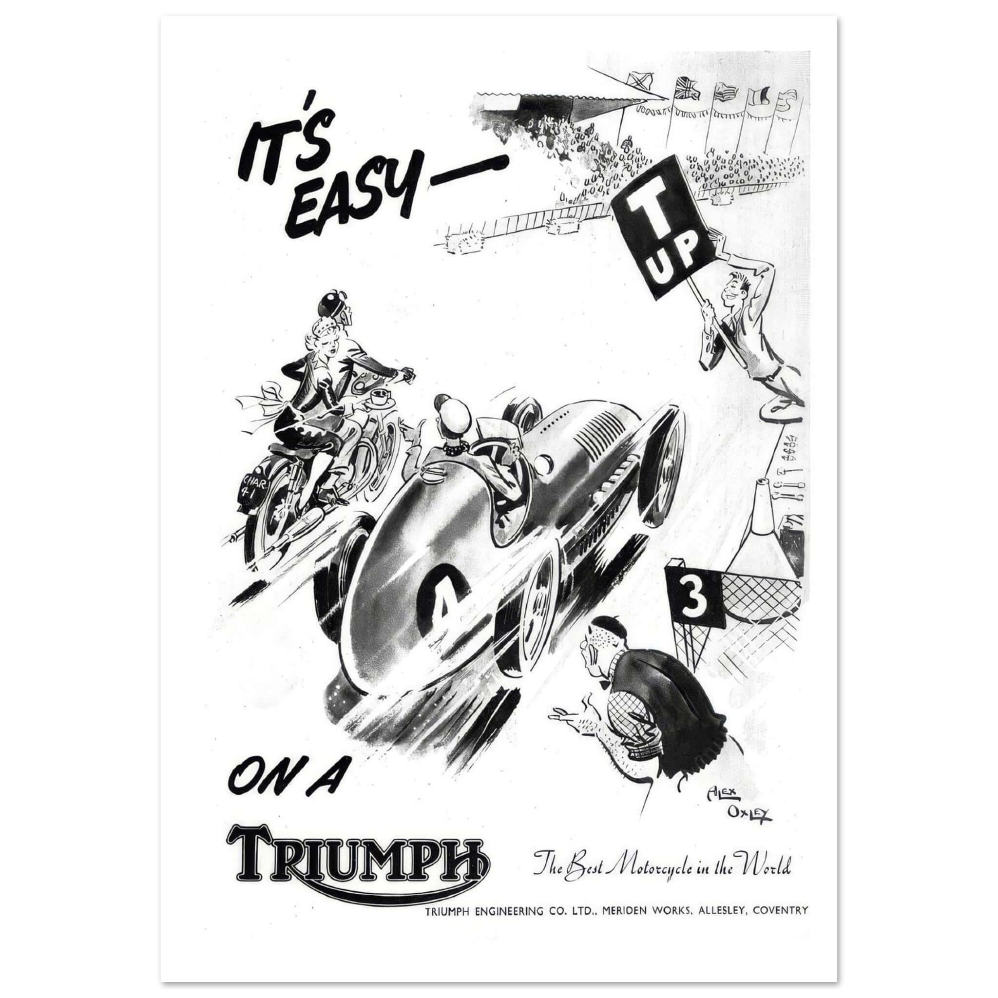Embrace vintage charm in style Dive into the world of retro with our Vintage Triumph Engineering Racing Cartoon Promotional Poster. This unique piece features vibrant colors and whimsical art, reflecting the excitement of classic motorcycle racing. Whethe