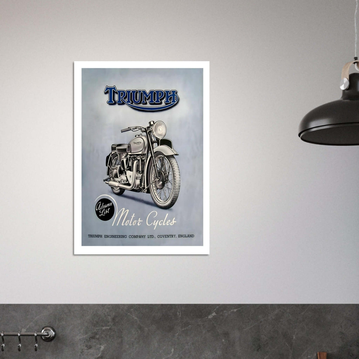 Vintage Triumph motorcycle poster featuring iconic bike on soft blue background with detailed design elements.