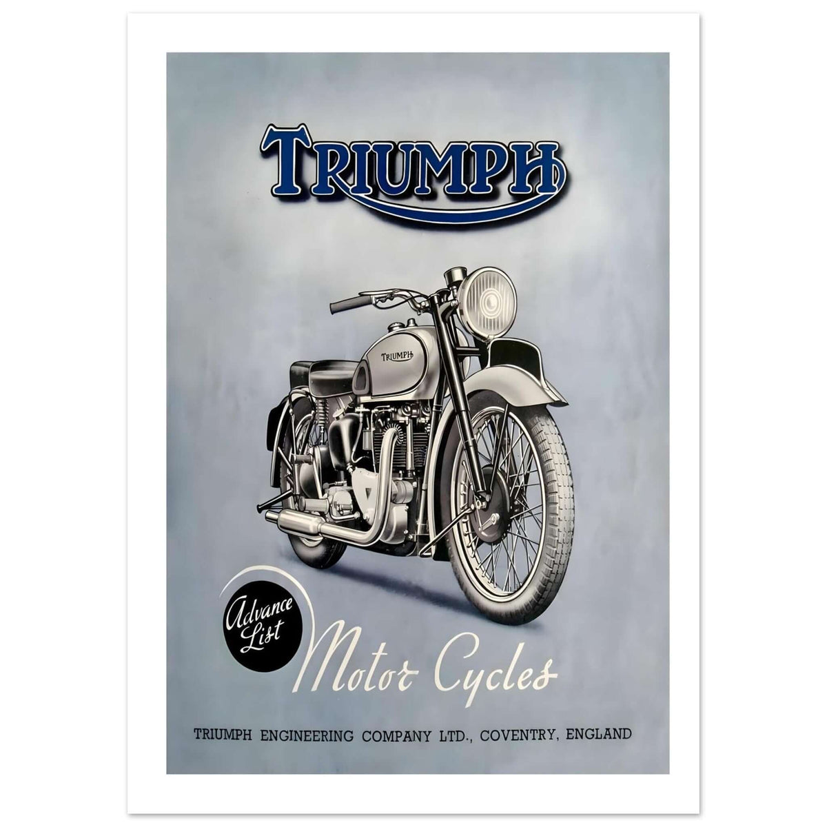 Vintage Triumph motorcycle poster featuring a classic motorcycle on a soft blue background with the Triumph logo.