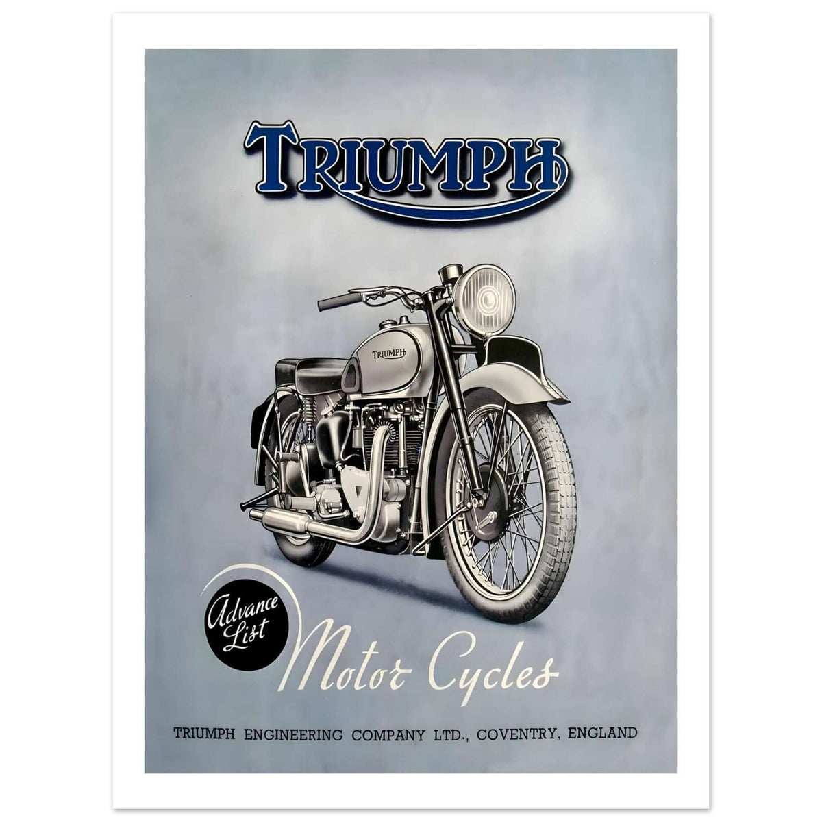 Vintage Triumph motorcycle poster featuring a classic bike on a soft blue background with the text 'Advance List Motor Cycles'.