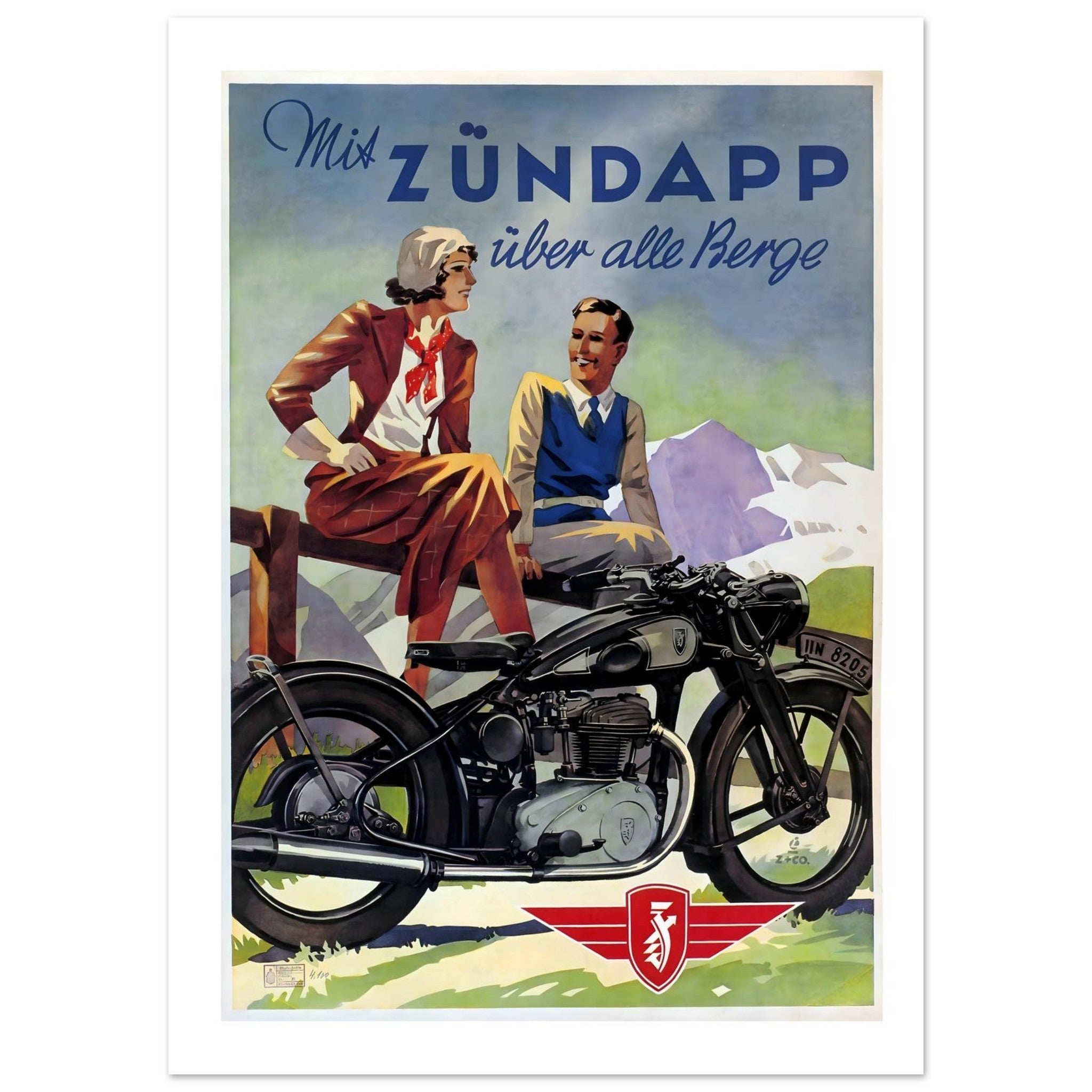 Vintage Zündapp motorcycle poster featuring a sleek bike with two people in the Alps backdrop.