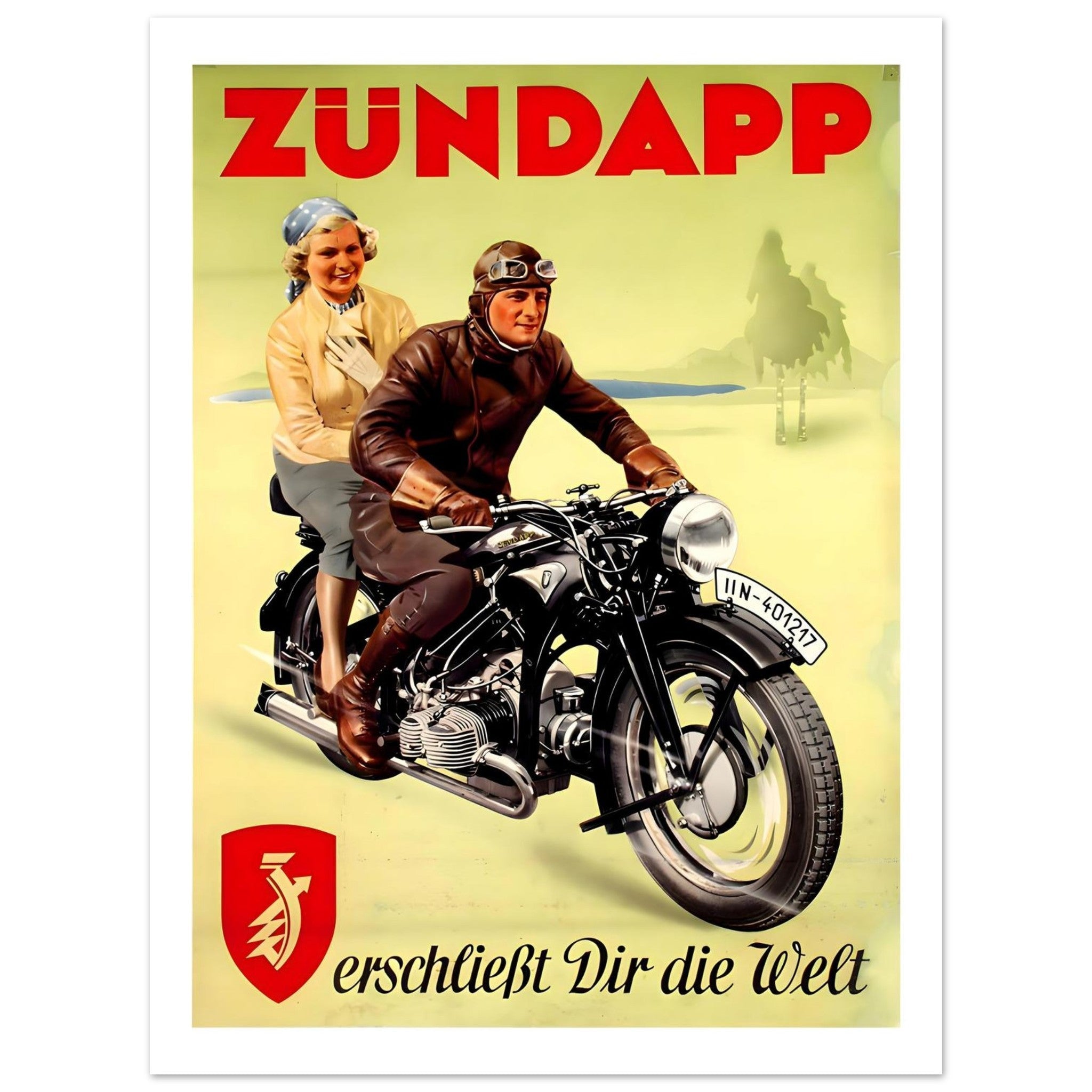 Vintage Zündapp motorcycle poster featuring a man and woman riding together.