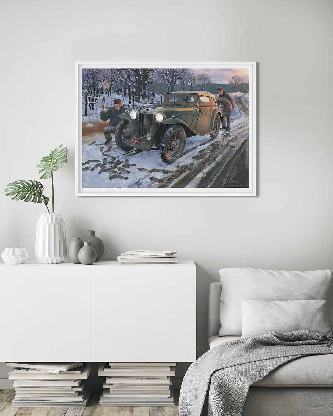 Changing tyres on a MG TC during a winter rally in Scandinavia.