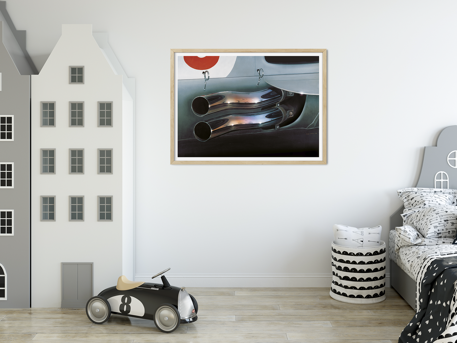 A detailed view of Mercedes W-196 exhaust pipes