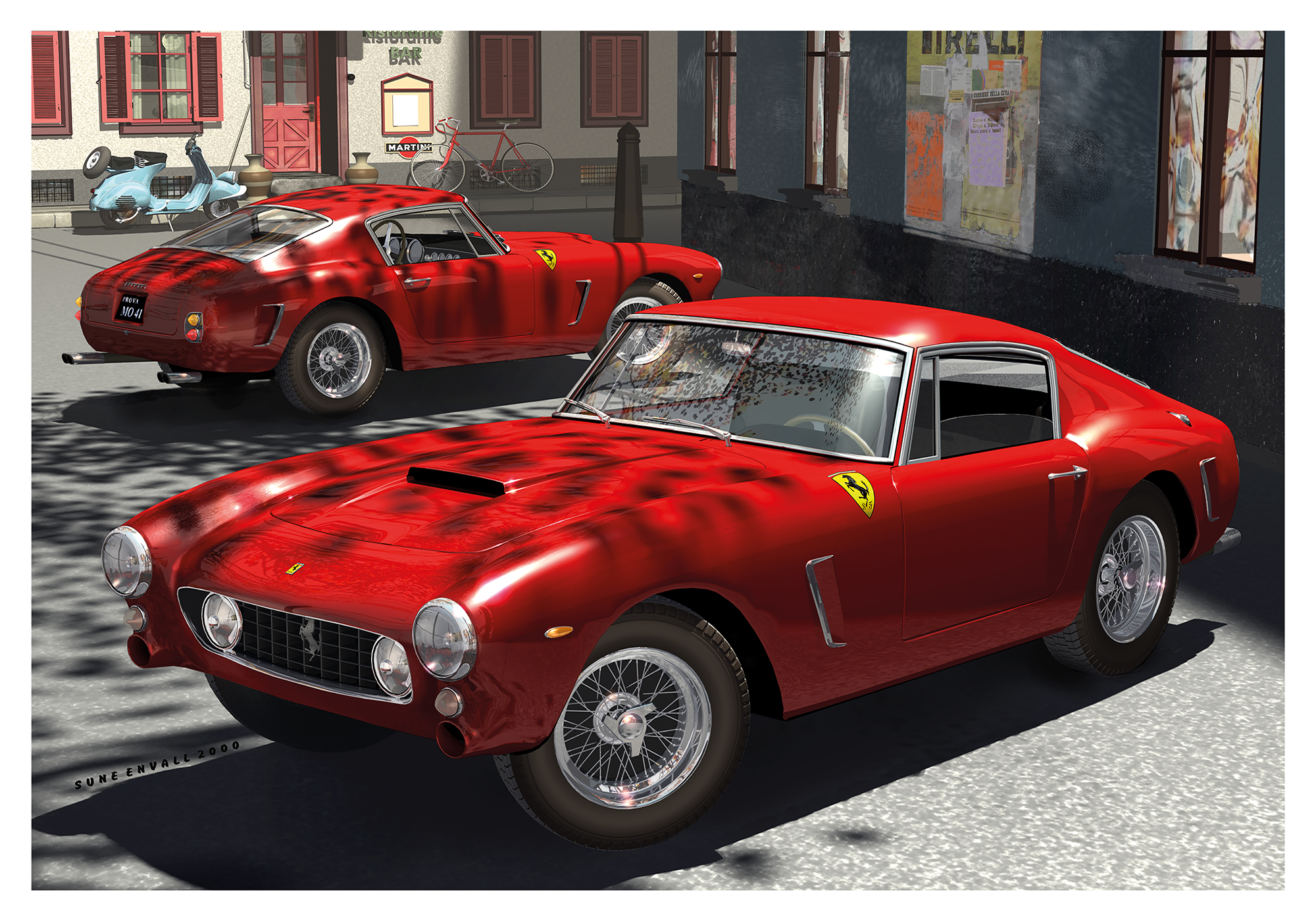 Ferrari´s on a square in an italian village.