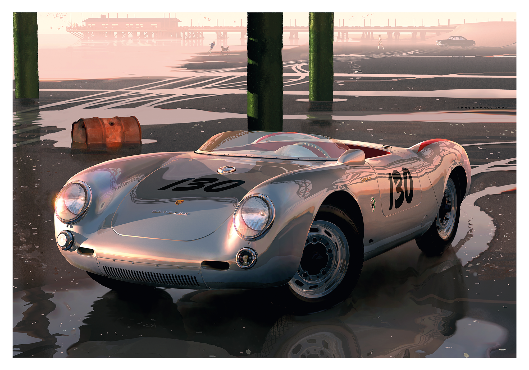 The Porsche 550 Spyder owned by James Dean, positioned on a beach in California