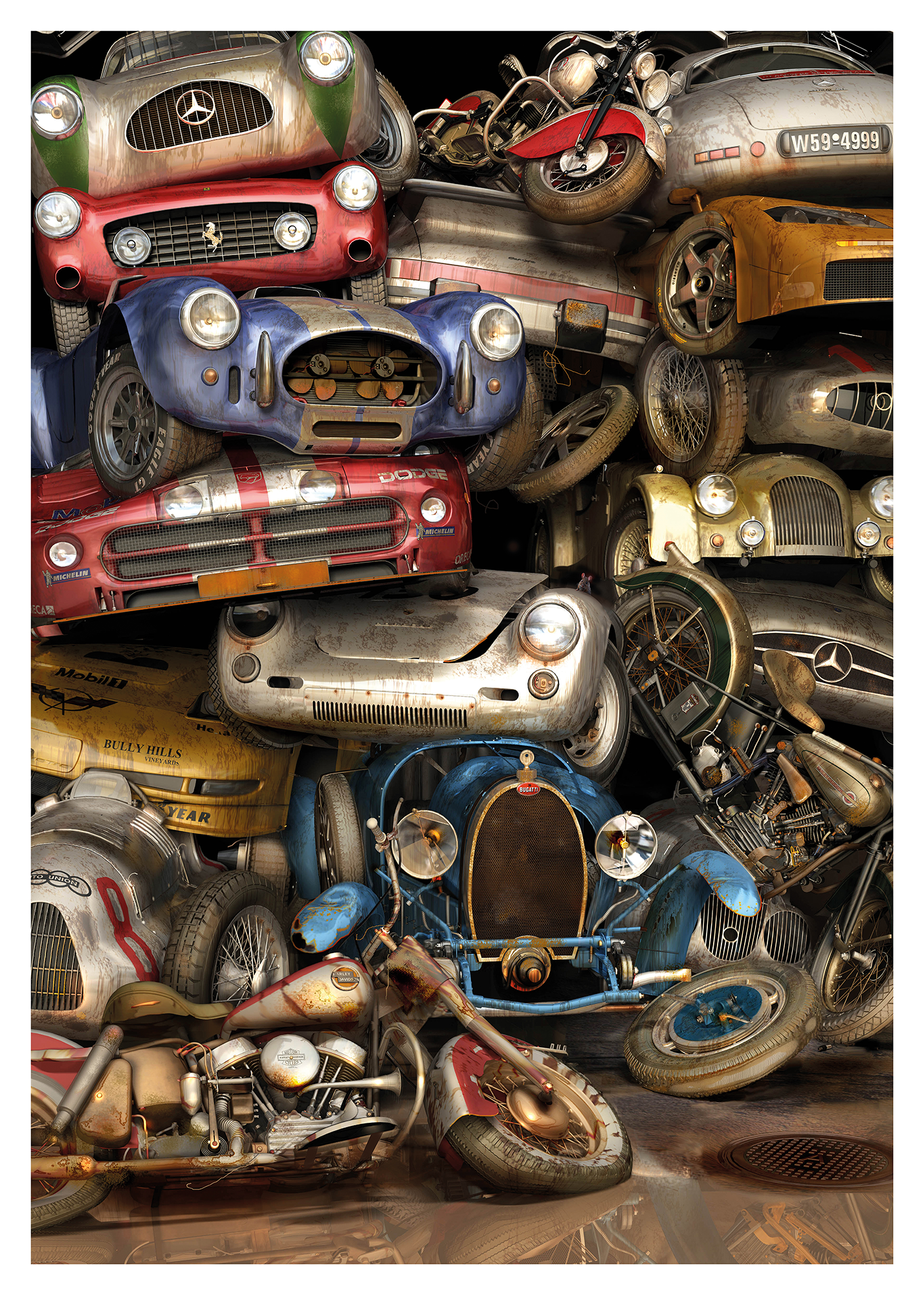 Mercedes, Ferrari, Porsche, Harley Davidson, Bugatti, Audi. All on a scrap yard