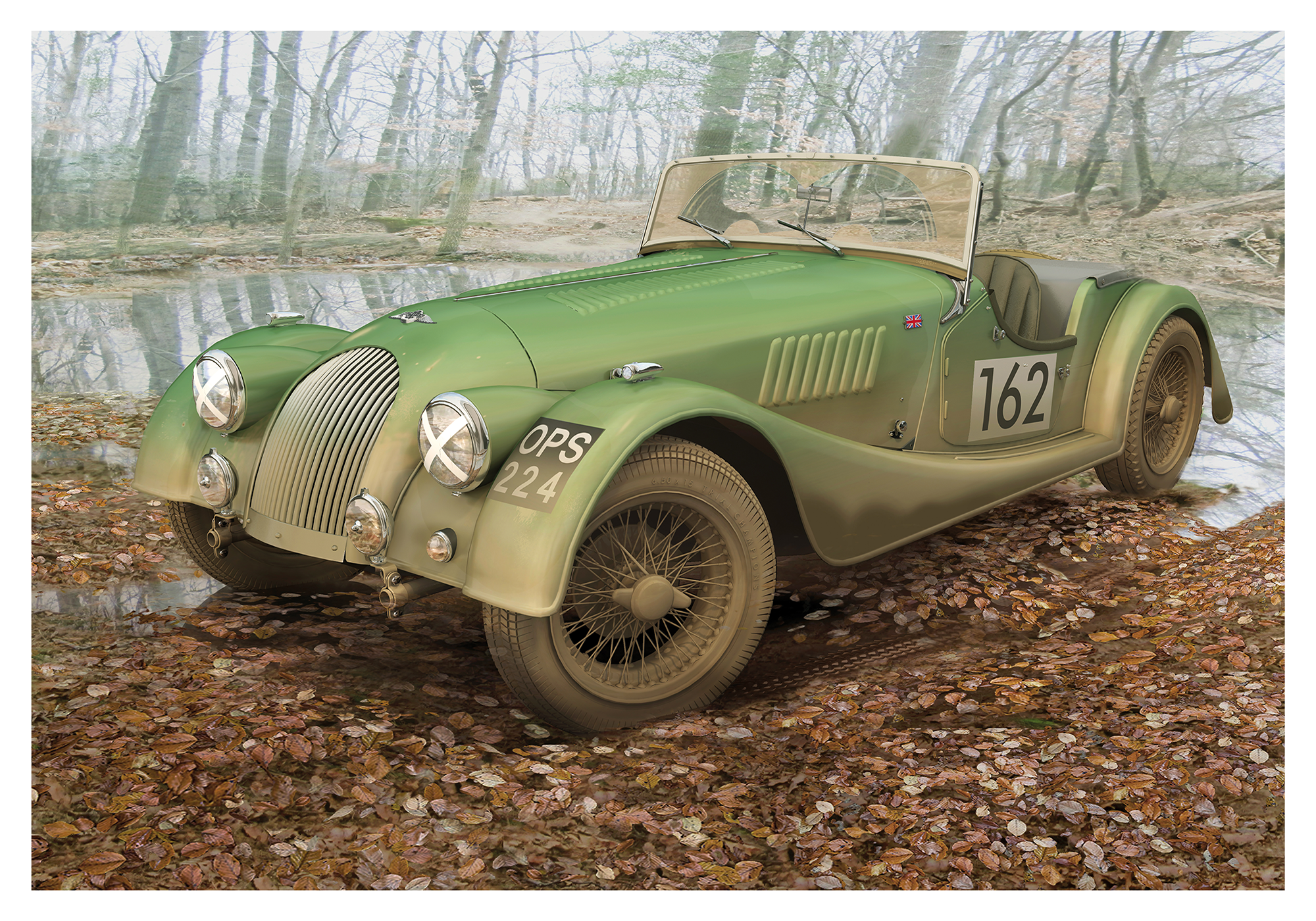 Morgan car captured in action during a hill climb rally