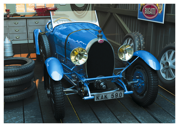 Classic Bugatti inside a garage