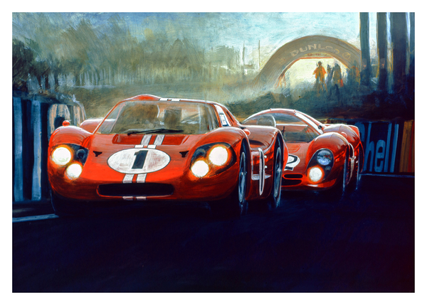 A Ford GT40 and against a Ferrari P4 after the Dunlop curve at Le Mans in 1967, just before sunset.