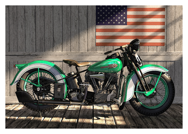 Artistic Harley illustration with a watercolor aesthetic positioned beneath the American flag