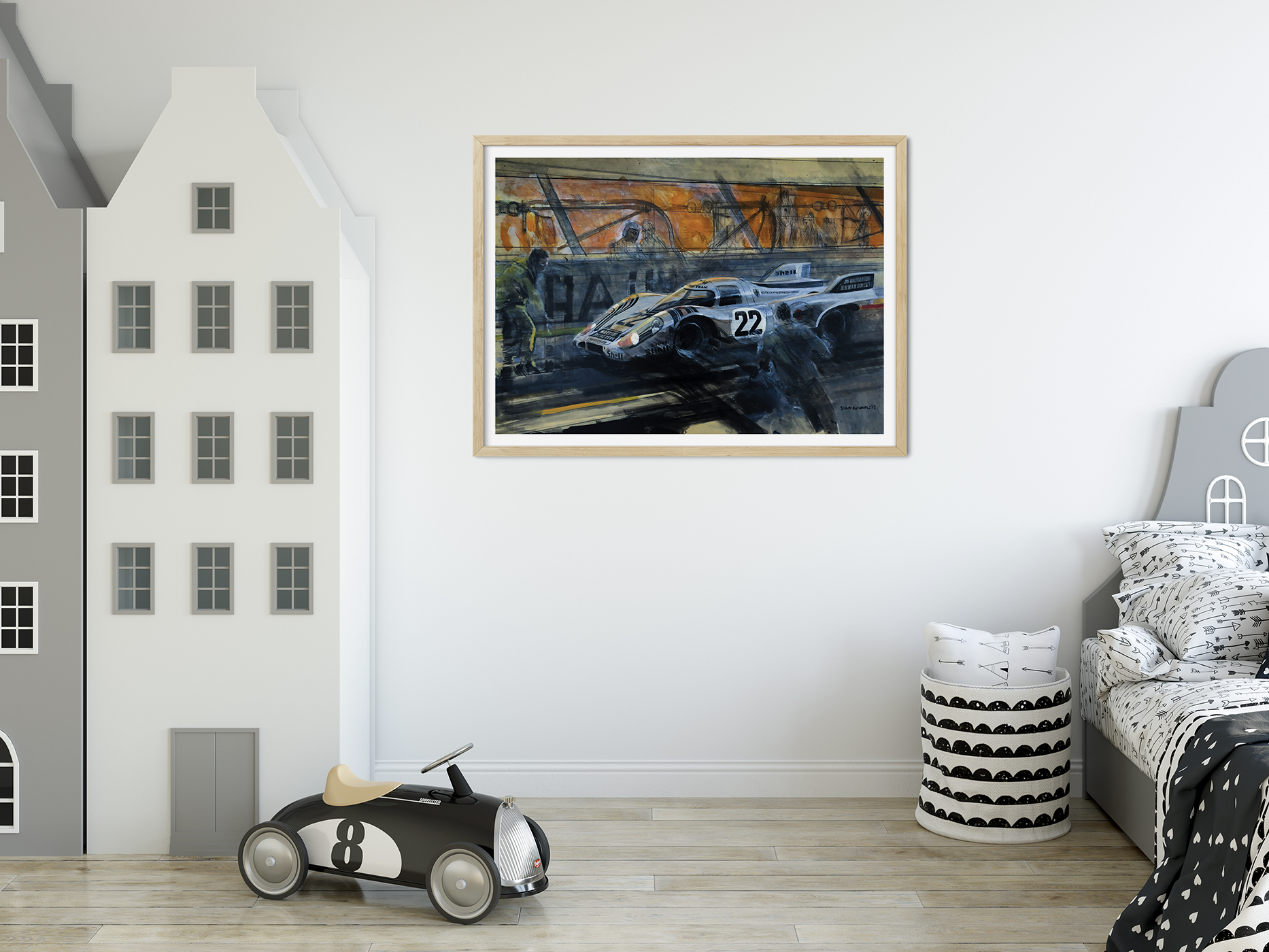 Porsche 917 breaking into the pit stop at Le Mans, 1972.