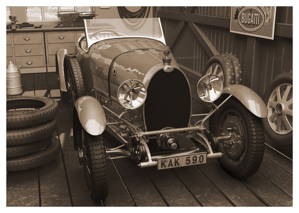 Vintage Bugatti parked inside a garage 