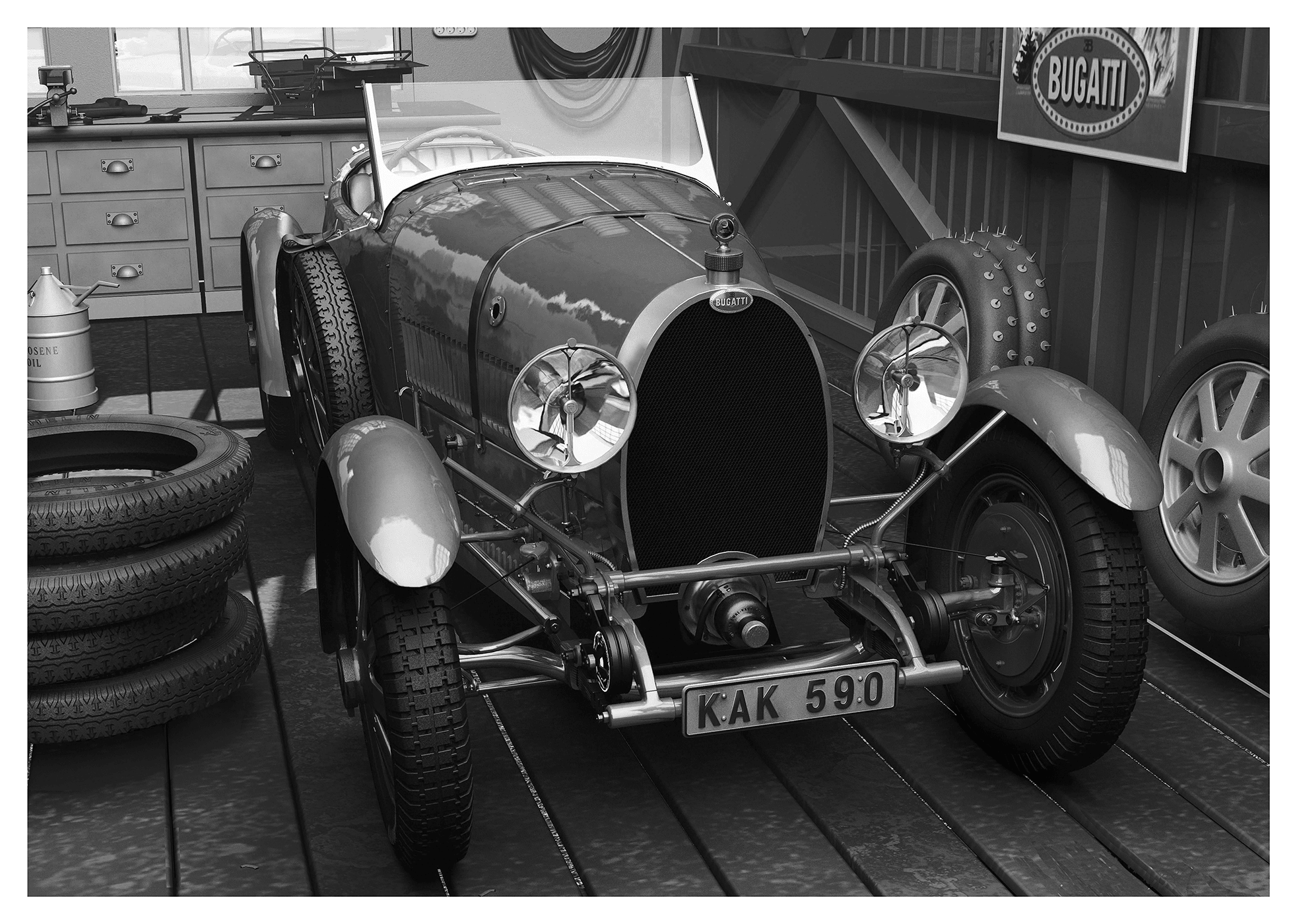 Bugatti in garage - BW - Transit Art