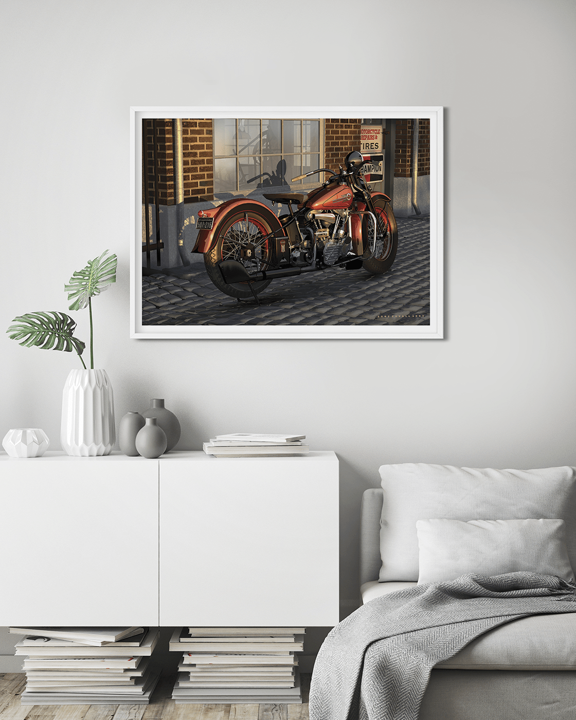Harley Sunset, Classic Harley outside a workshop in the USA. The Knucklehead's robust 61-cubic-inch engine, known for its distinctive "potato-potato" exhaust note, remains an enduring symbol of Harley-Davidson's power and innovation. With its V-twin confi