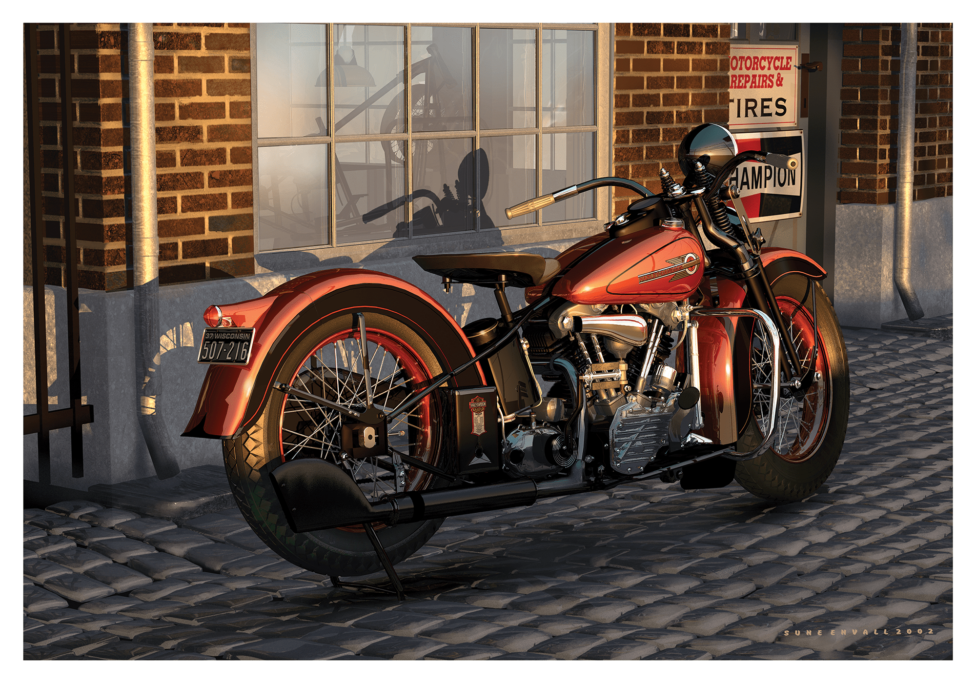Harley Sunset, Classic Harley outside a workshop in the USA. The Knucklehead's robust 61-cubic-inch engine, known for its distinctive "potato-potato" exhaust note, remains an enduring symbol of Harley-Davidson's power and innovation. With its V-twin confi
