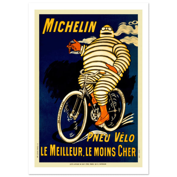 Illustrated poster with the well known Michelin Bibendum smoking a cigar and cycling on his bike. Blue, black white and yellow printed poster.