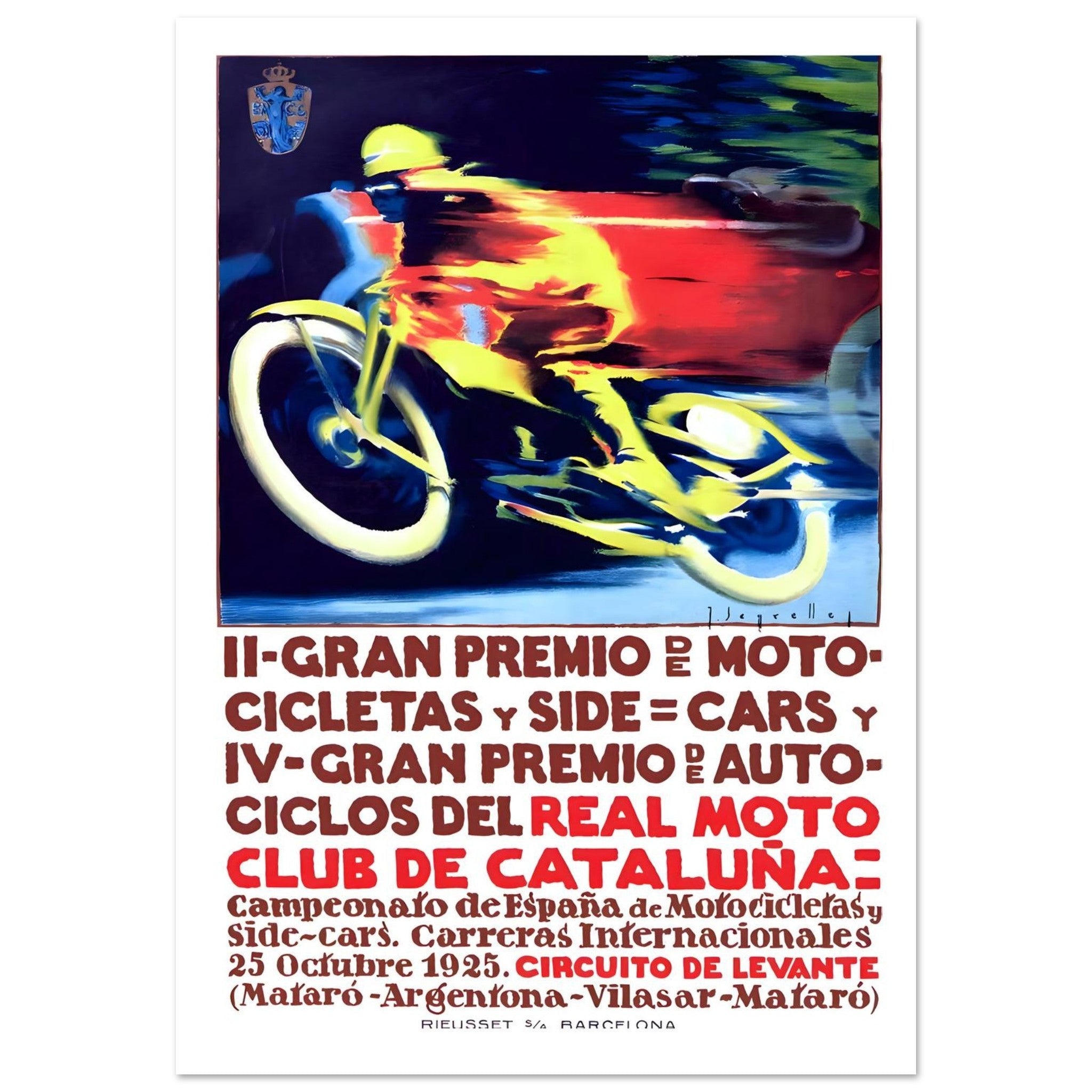 1925 Gran Premio de Cataluña motorcycle poster featuring vibrant design and dynamic motorcycle racing scene.