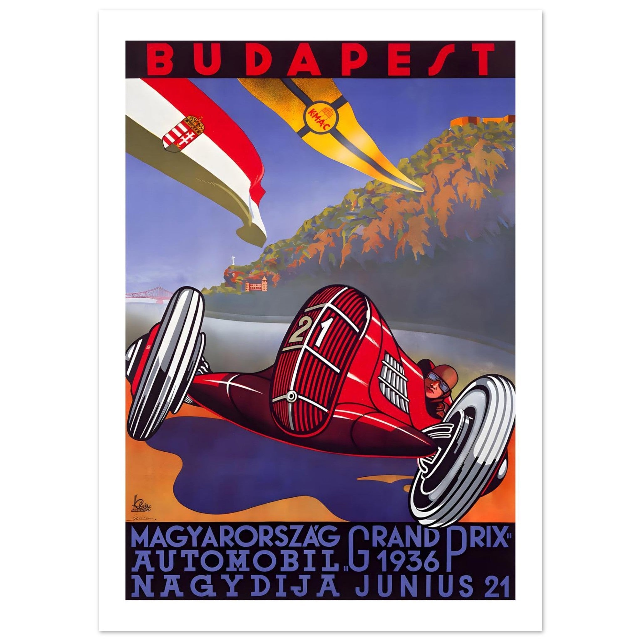 1936 Budapest Grand Prix Vintage Racing Poster - Transit Art