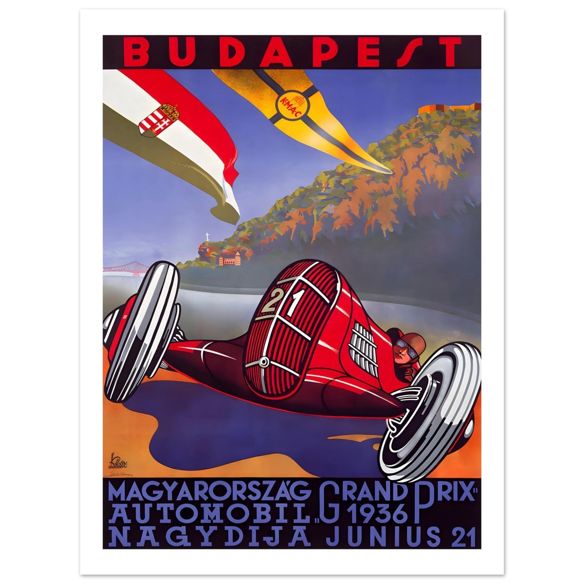 1936 Budapest Grand Prix Vintage Racing Poster - Transit Art