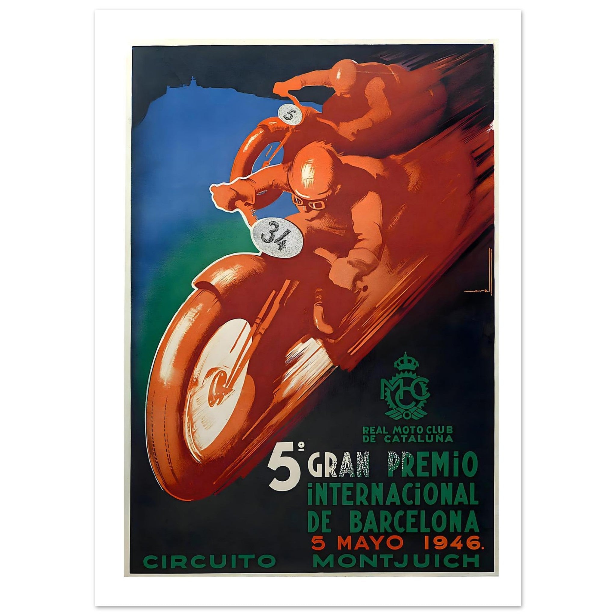 1946 Gran Premio Barcelona Motorcycle Racing Poster - Transit Art