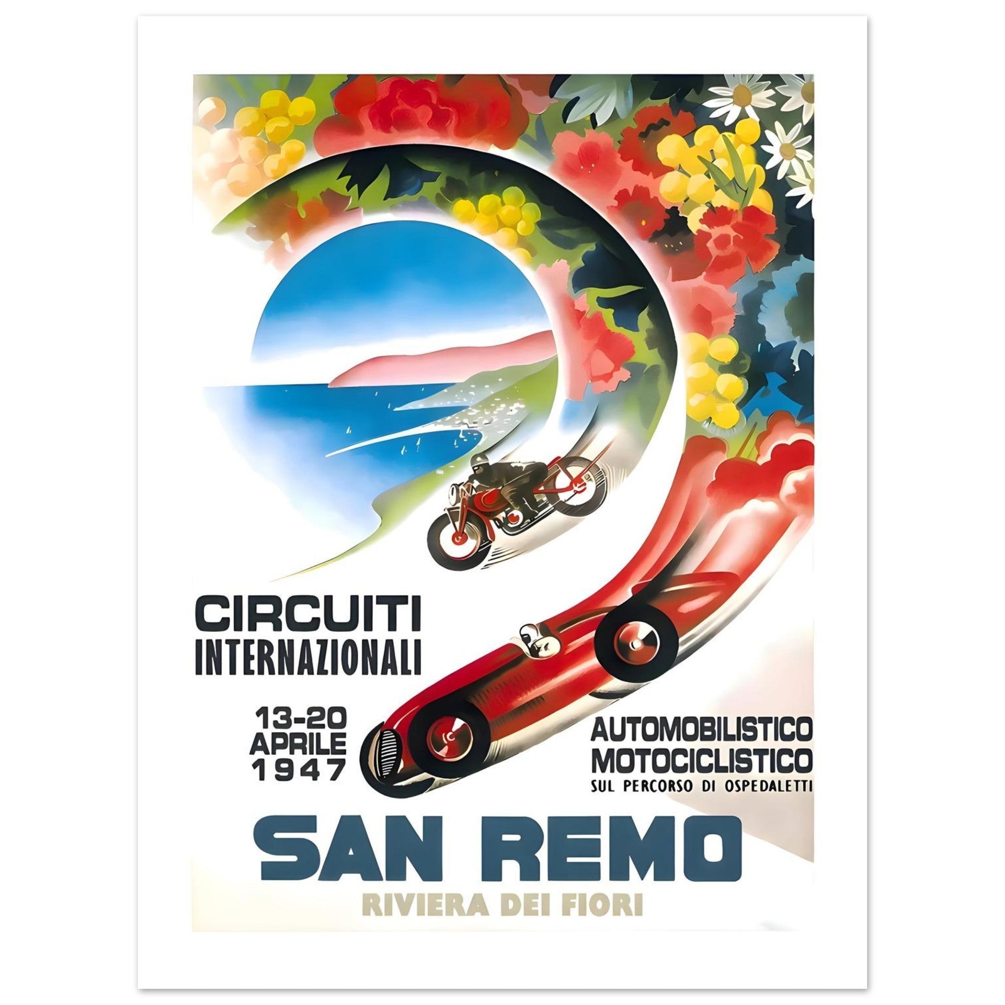 1947 San Remo International Motorcycle Racing Poster - Transit Art