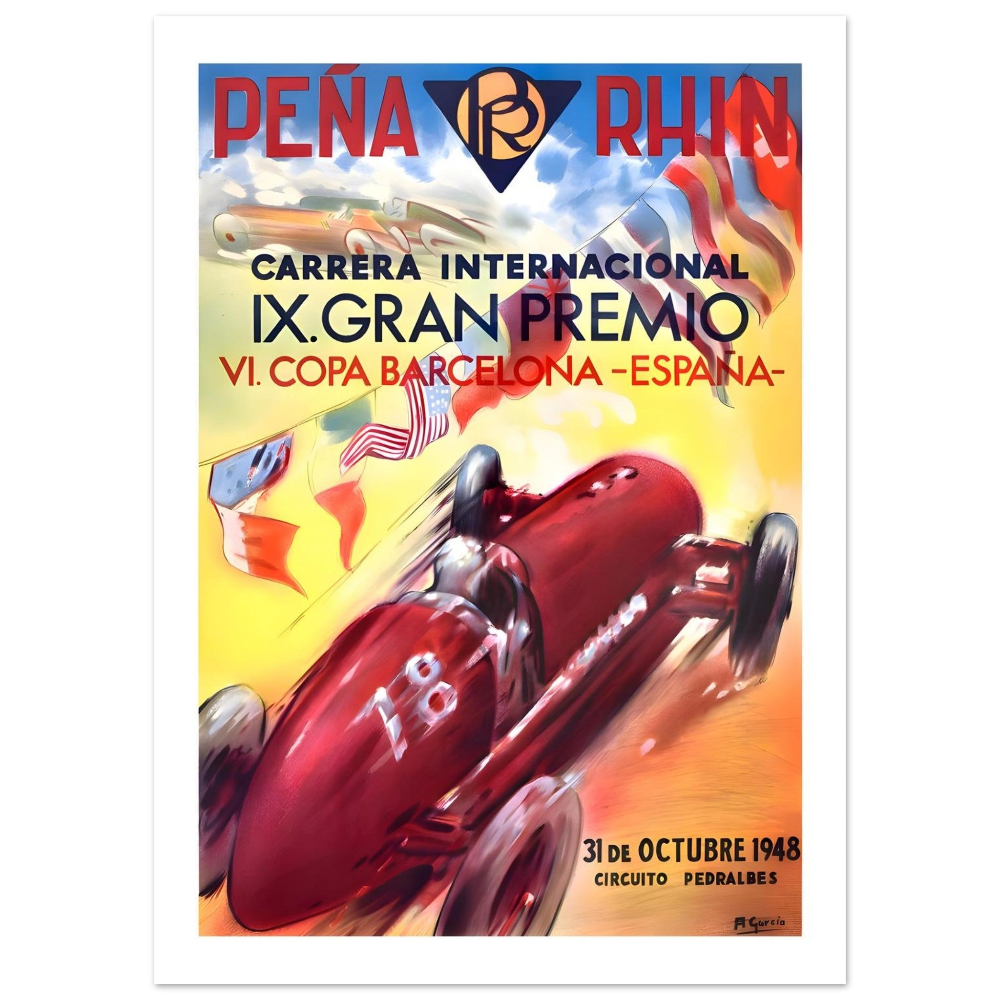 1948 Peña Rhin IX Gran Premio Barcelona Poster - Transit Art