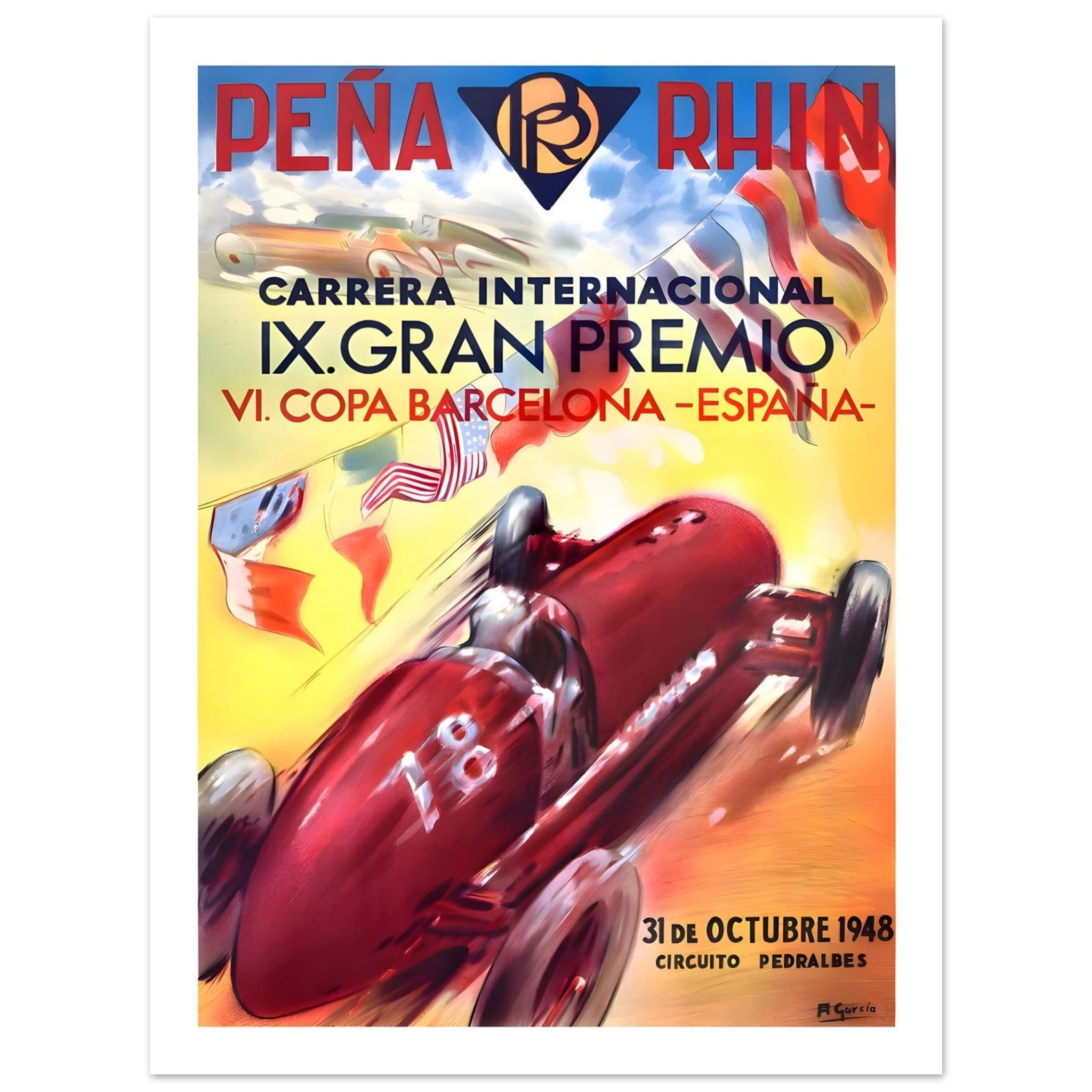 1948 Peña Rhin IX Gran Premio Barcelona Poster - Transit Art