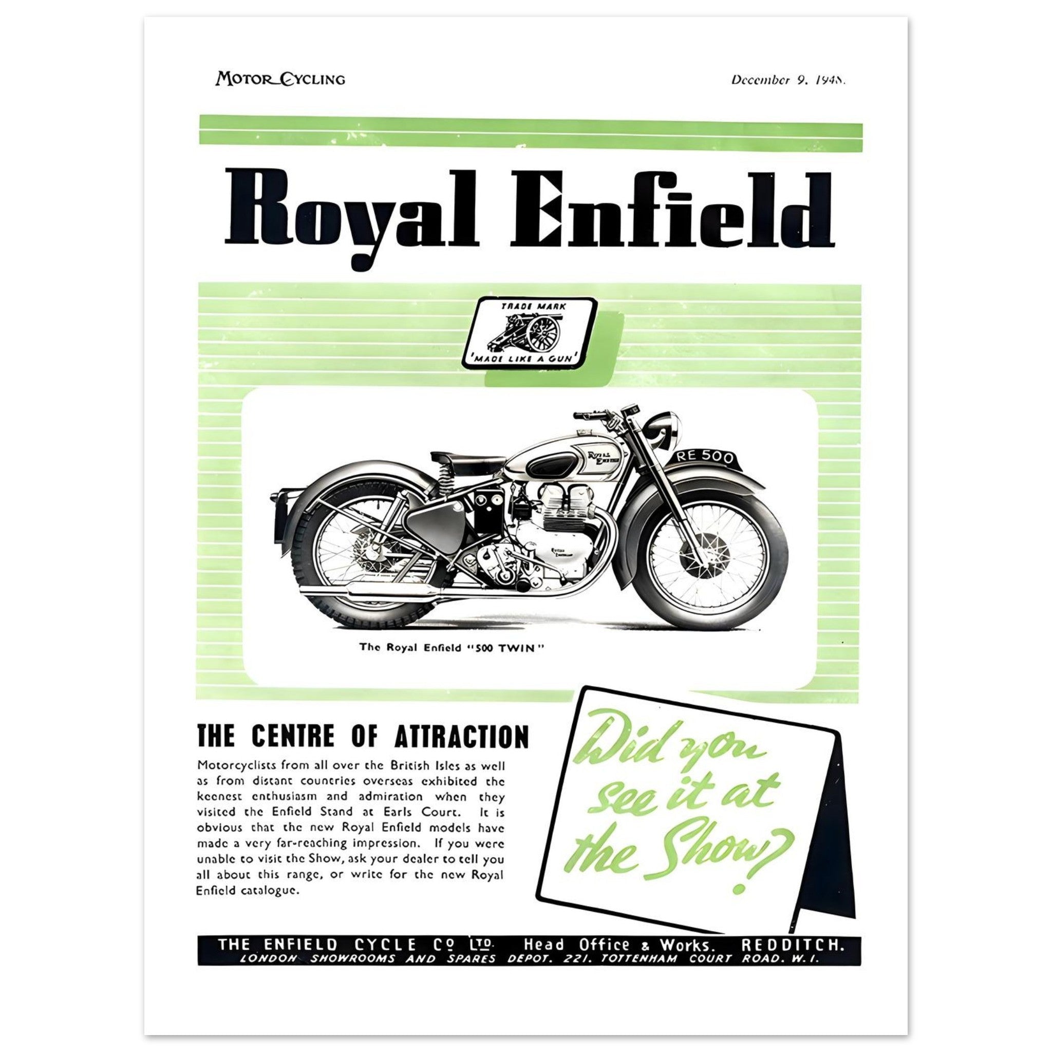 1948 Royal Enfield 500 Twin Motorcycle Advertisement - Transit Art