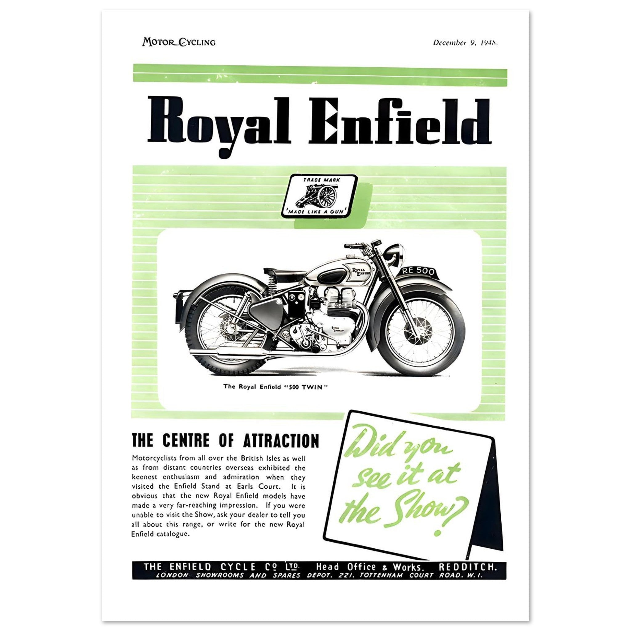 1948 Royal Enfield 500 Twin Motorcycle Advertisement - Transit Art