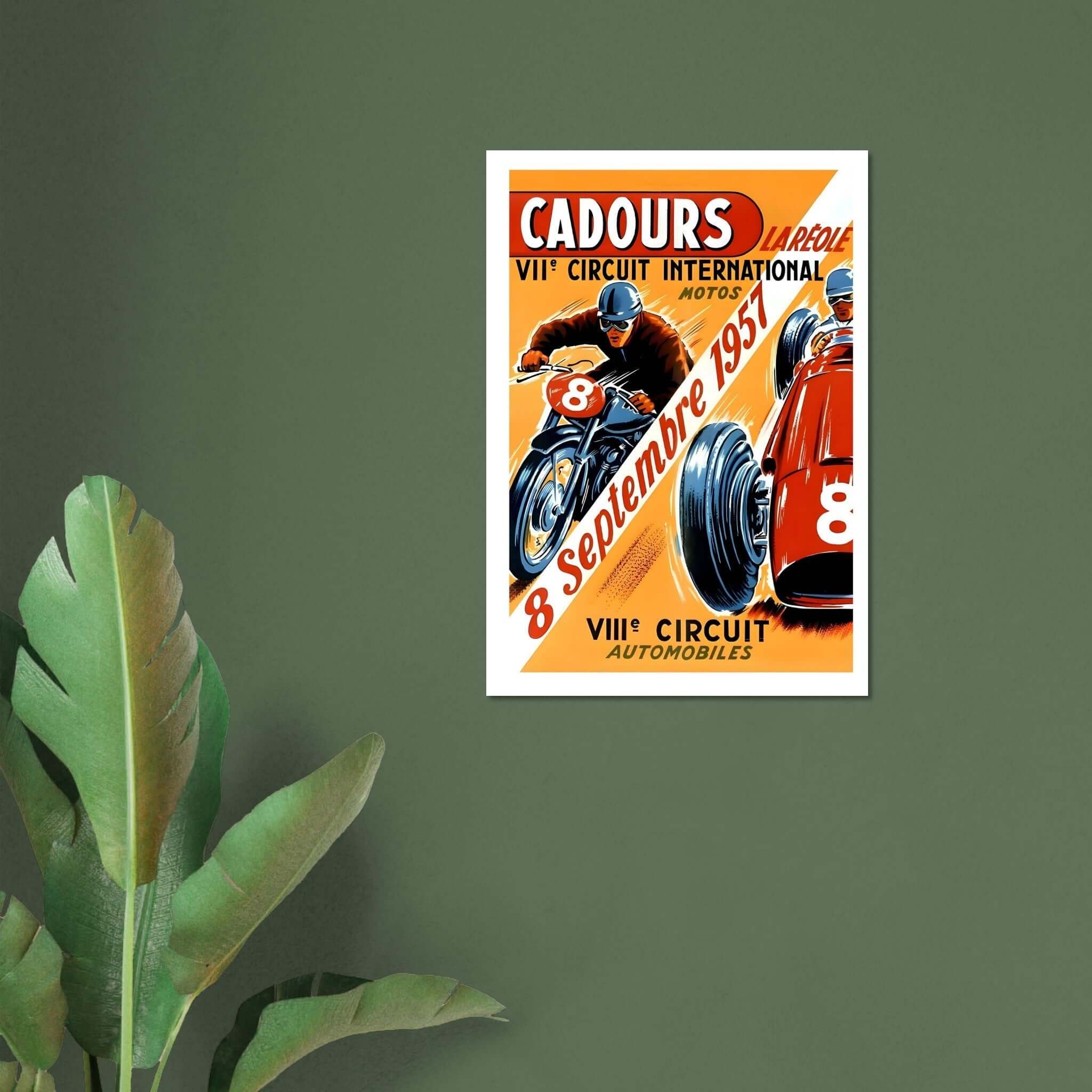 1957 Cadours-La Réole International Circuit Poster This colorful 1957 poster promotes the VII International Circuit at Cadours-La Réole, featuring both motorcycle and automobile races. The dynamic design showcases a motorcyclist and a race car