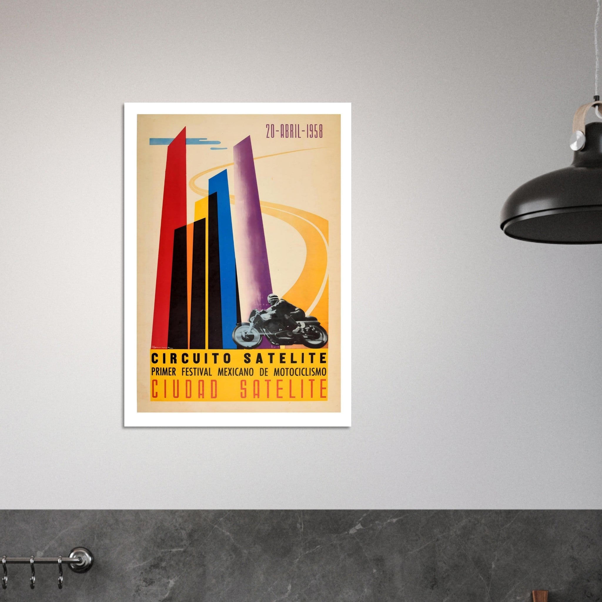 1958 Mexican Motorcycle Festival Poster This vibrant 1958 poster promotes the "Primer Festival Mexicano de Motociclismo" held at the Circuito Satélite in Ciudad Satélite. The design features a dynamic composition of colorful, angular pillars in red