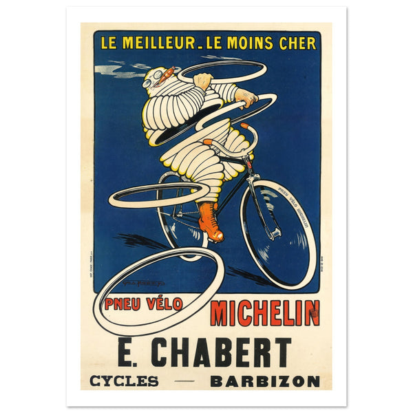 Illustrated poster with the well known Michelin Bibendum smoking a cigar and riding his bike with tyres flying around. White and Blue background with yellow and red text in French.